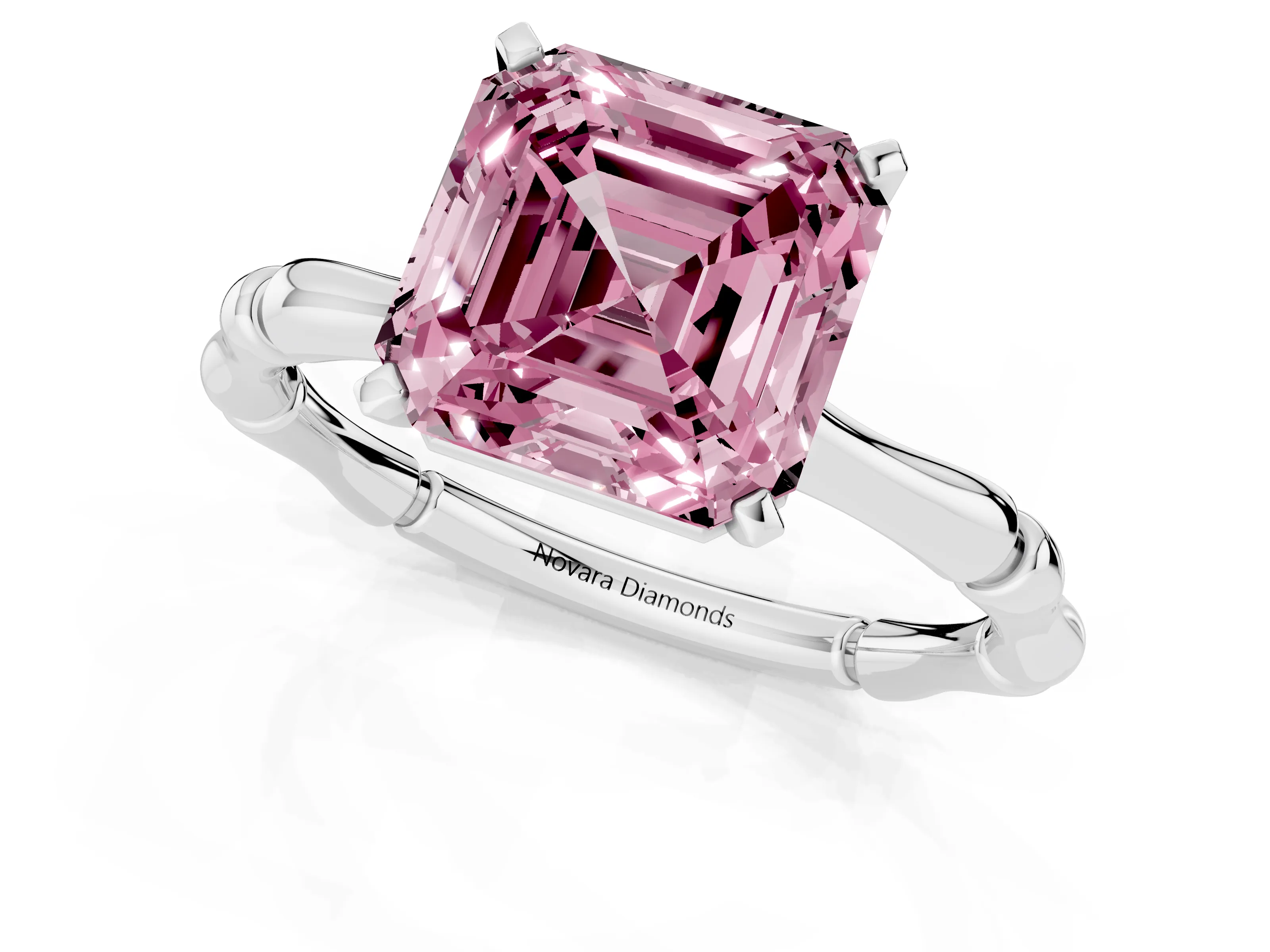 Fancy Pink Asscher Cut Diamond Solitaire Ring Set in Silver with Bamboo Band and Prong Setting – second view