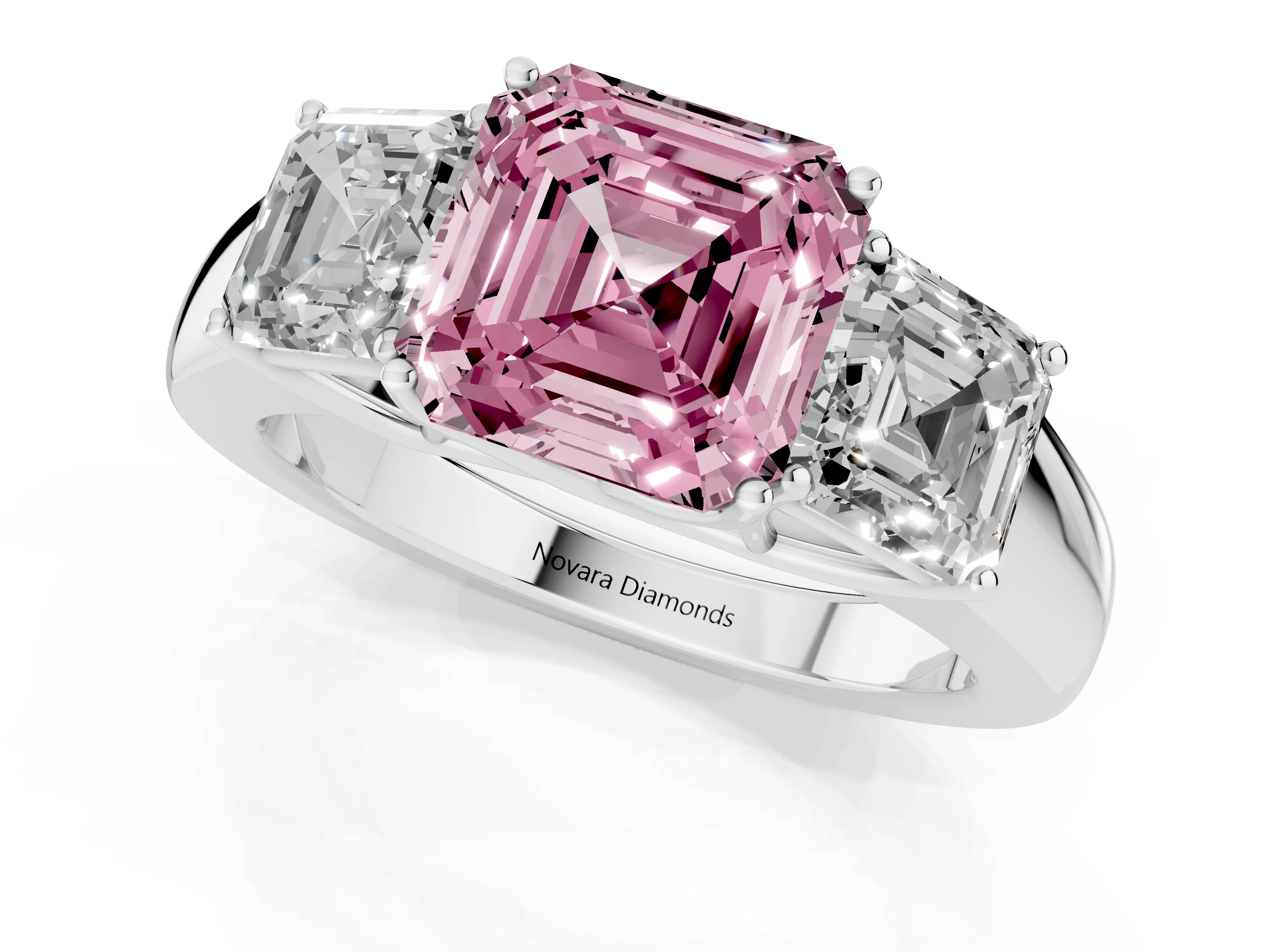 Fancy Pink Three-Stone Asscher Cut Diamond Ring Set in White gold with Matching Prong Settings and Plain Band