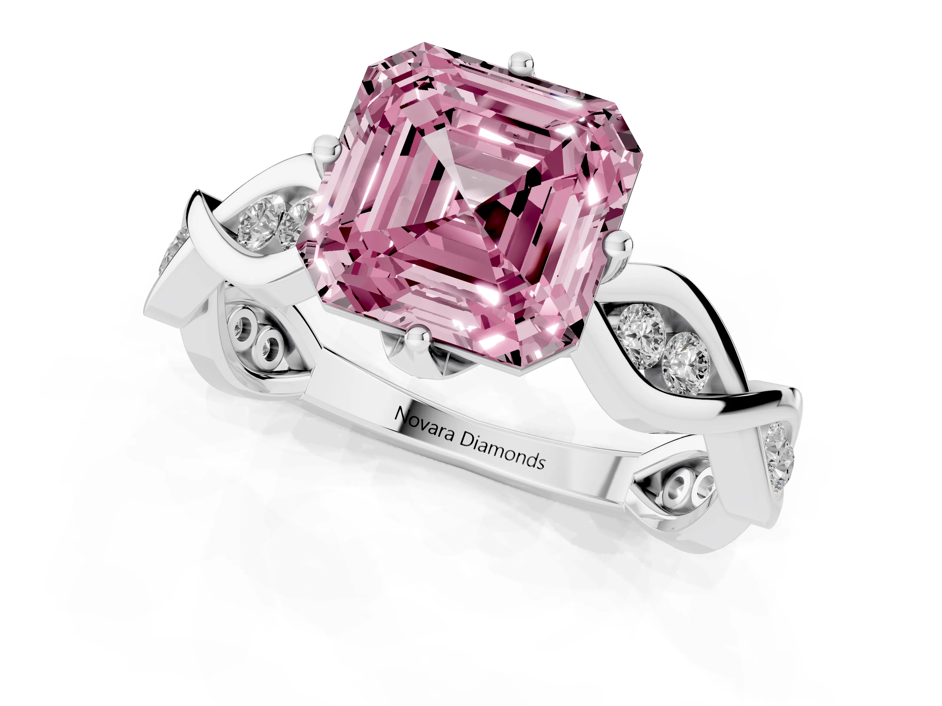 Fancy Pink Asscher Cut Diamond Twist Band Solitaire Ring Set in Platinum with Leaf Prong Setting and Accent Stones