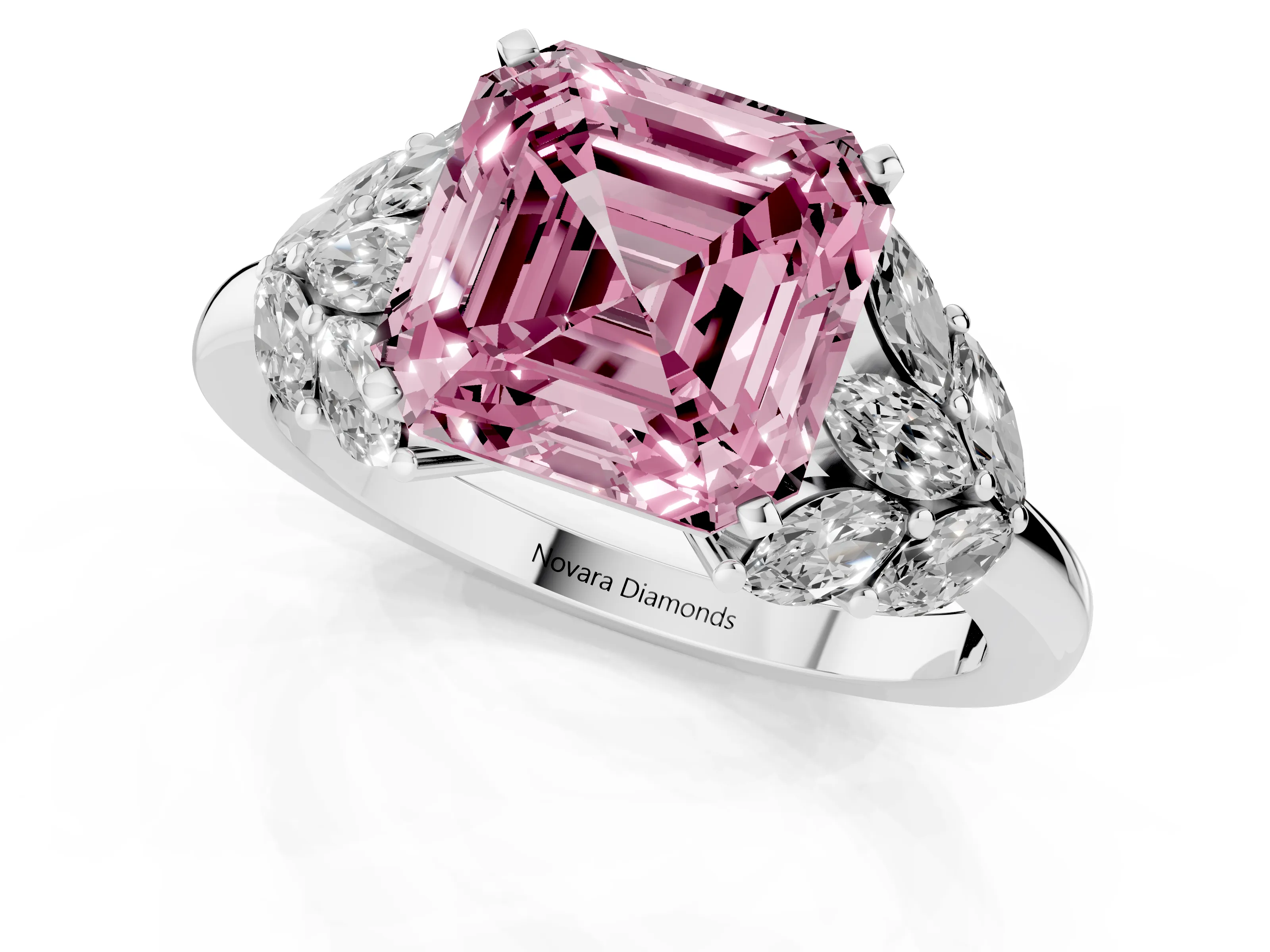 Fancy Pink Asscher Cut Diamond Cluster Leaf Design Ring Set in White gold with Prong Setting