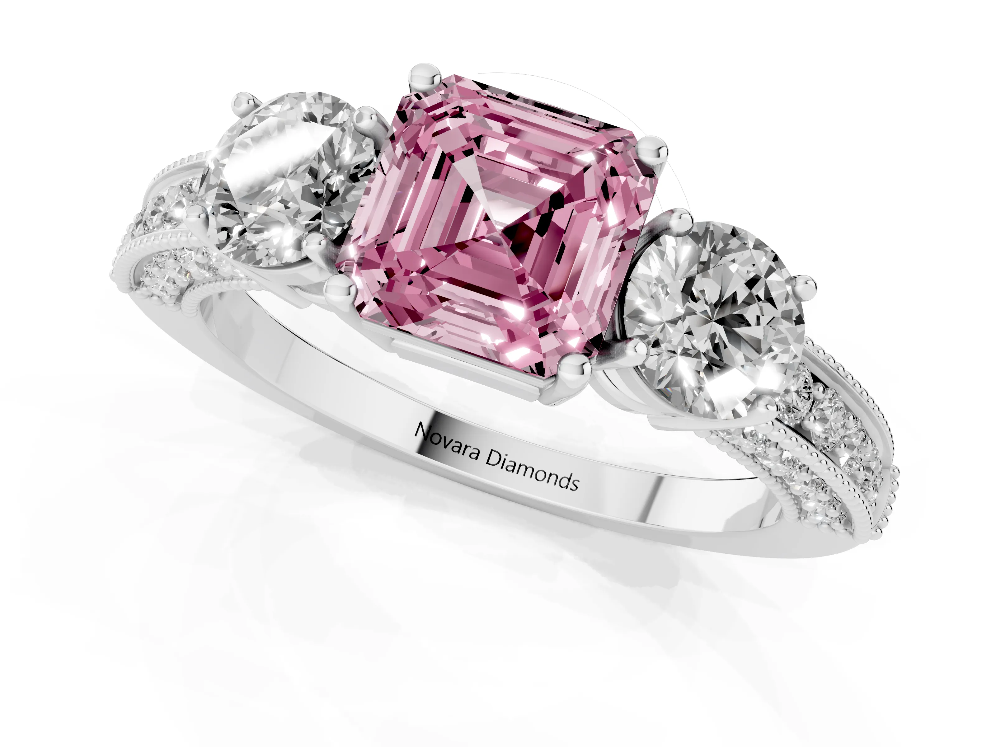Fancy Pink Asscher Cut Diamond Three-Stone Ring Set in Platinum with Round Side Stones and Pavé Band