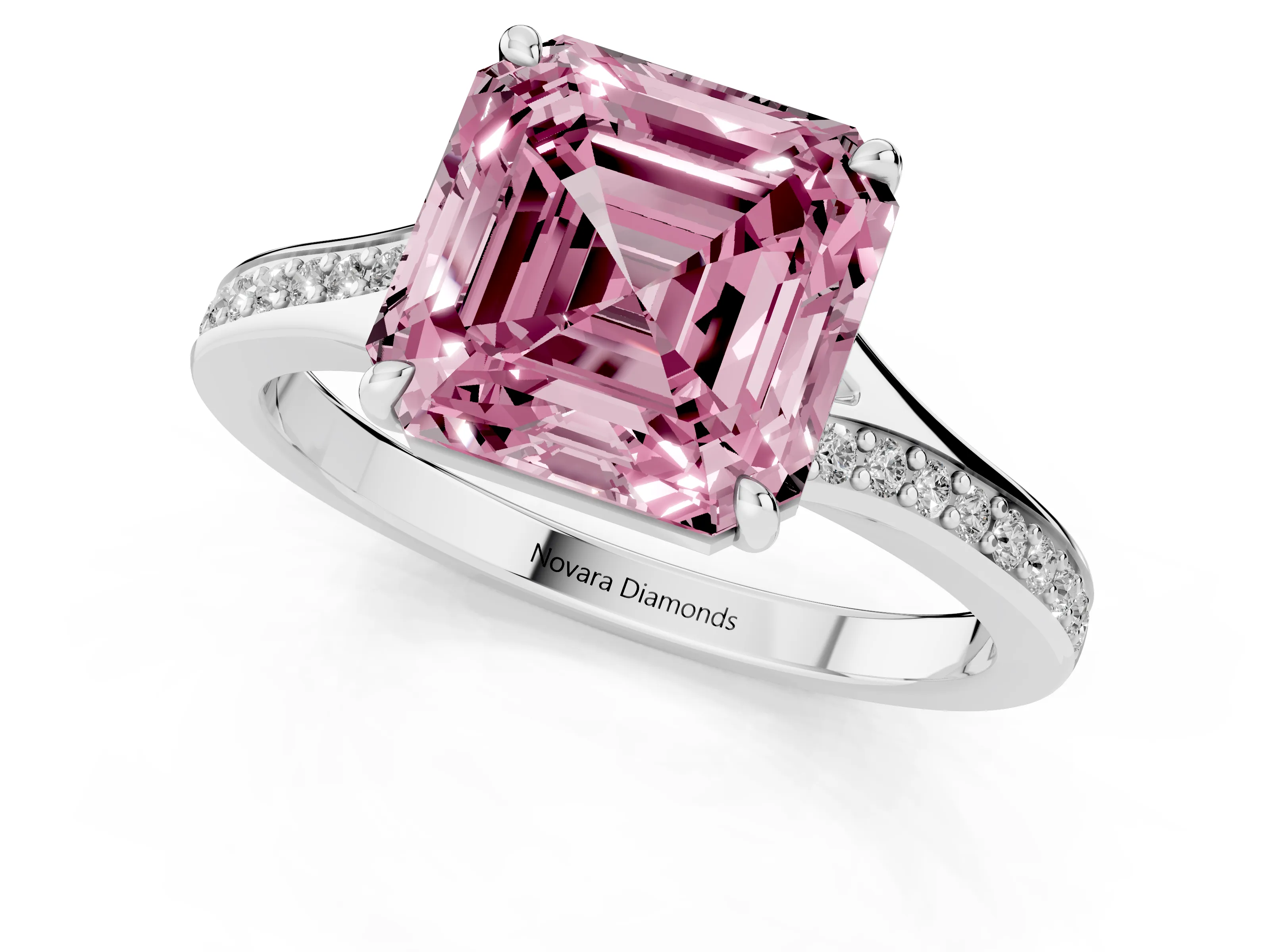 Fancy Pink Asscher Cut Diamond Solitaire Ring Set in Platinum with Pavé Accent Band and Classic Prong Setting – second view