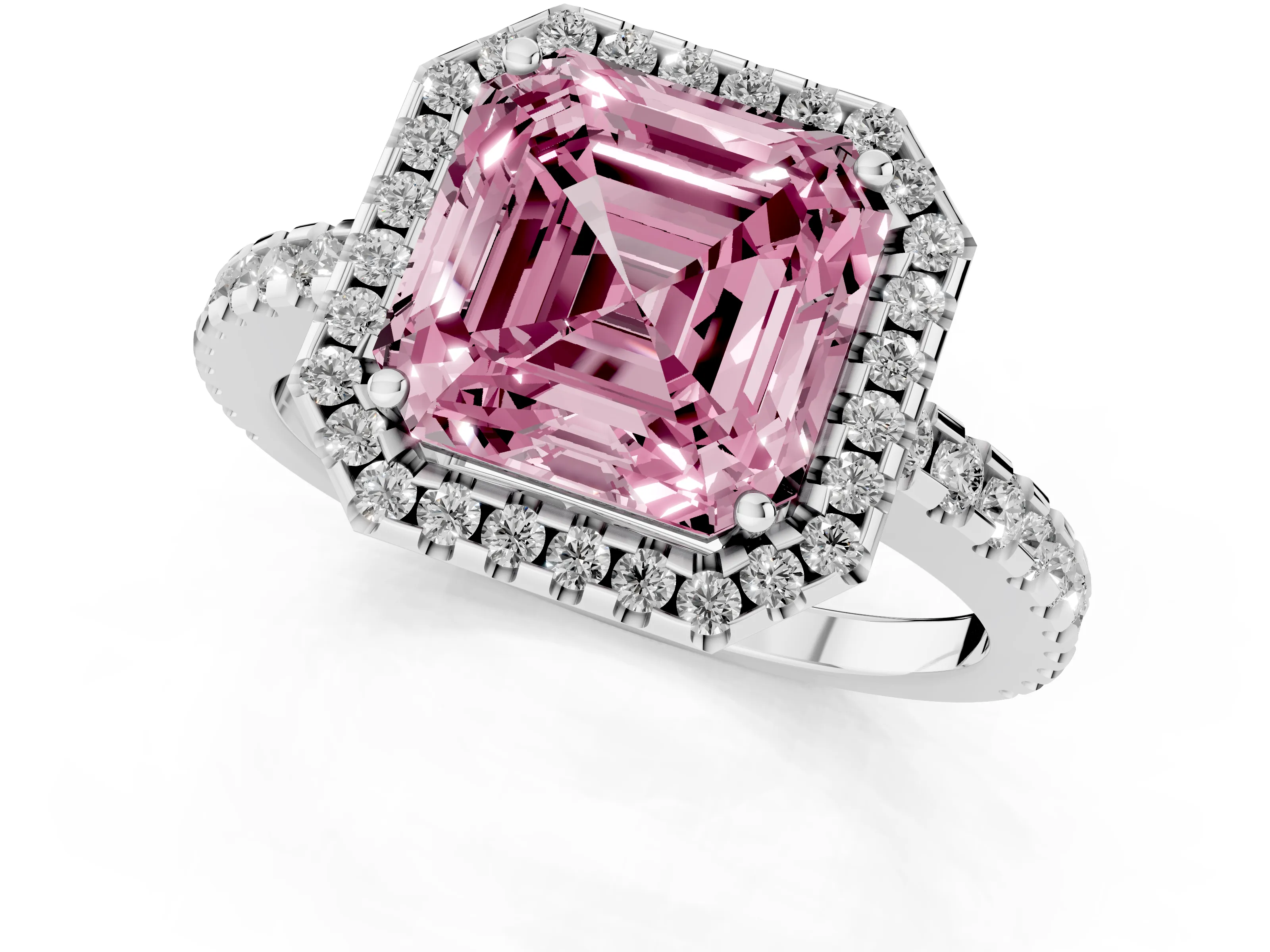 Fancy Pink Asscher Cut Diamond Halo Ring Set in Platinum with Pavé Shoulders and Halo-Framed Center