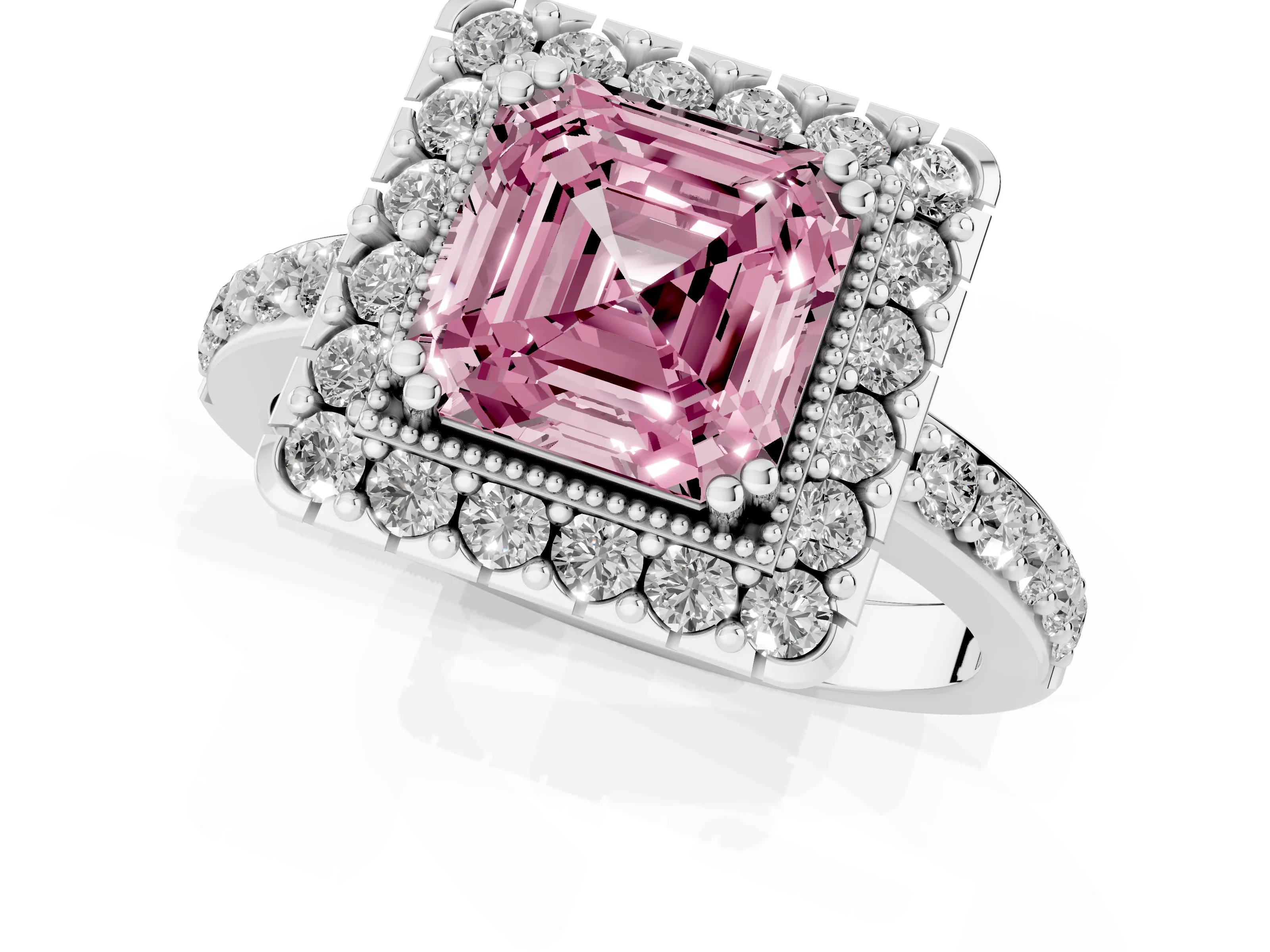 Fancy Pink Asscher Cut Diamond Halo Ring Set in Platinum with Pavé Shank and Prong Setting