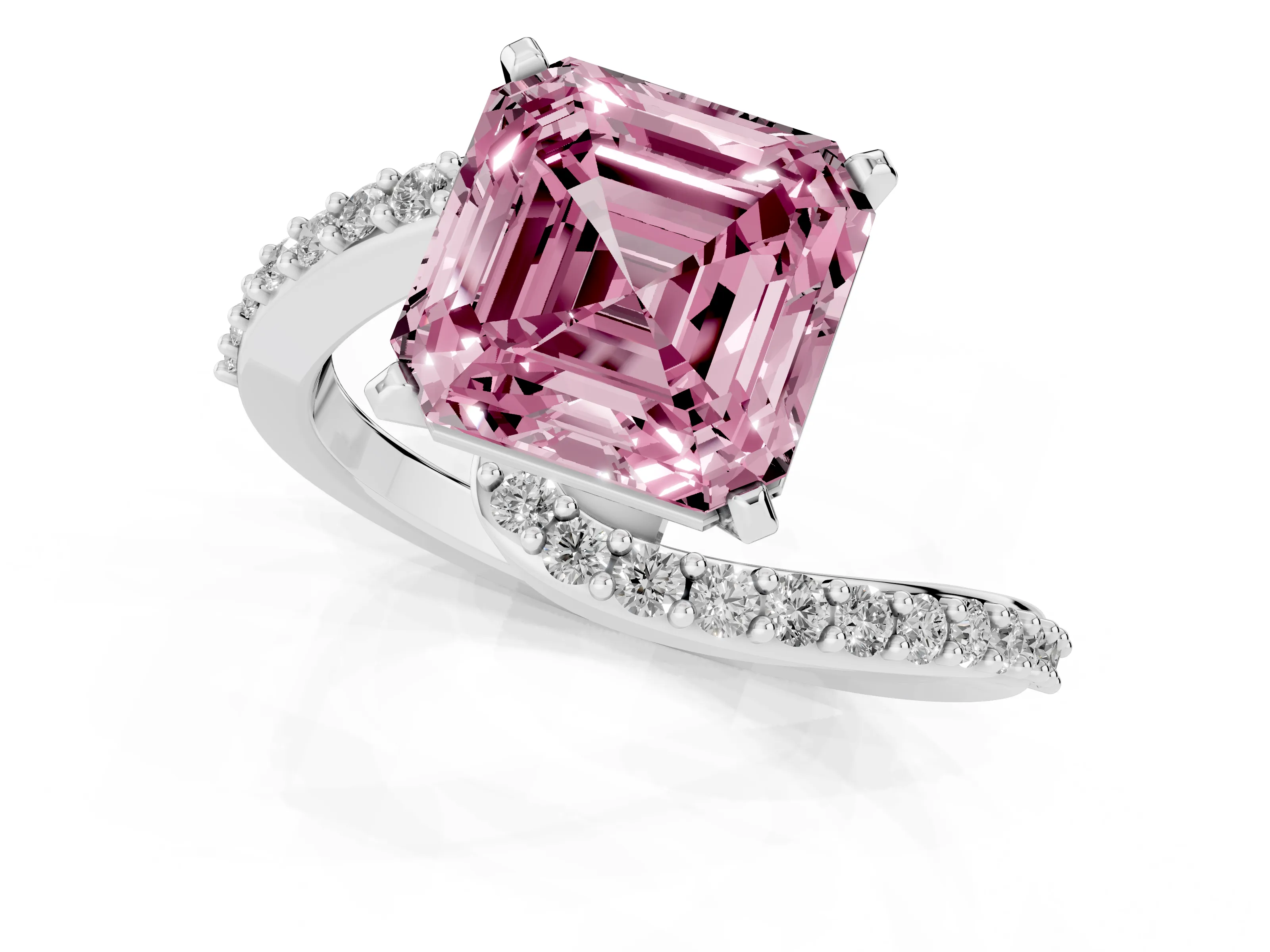 Fancy Pink Asscher Cut Diamond Solitaire Ring Set in Platinum with Pavé Twist Band and Prong Setting