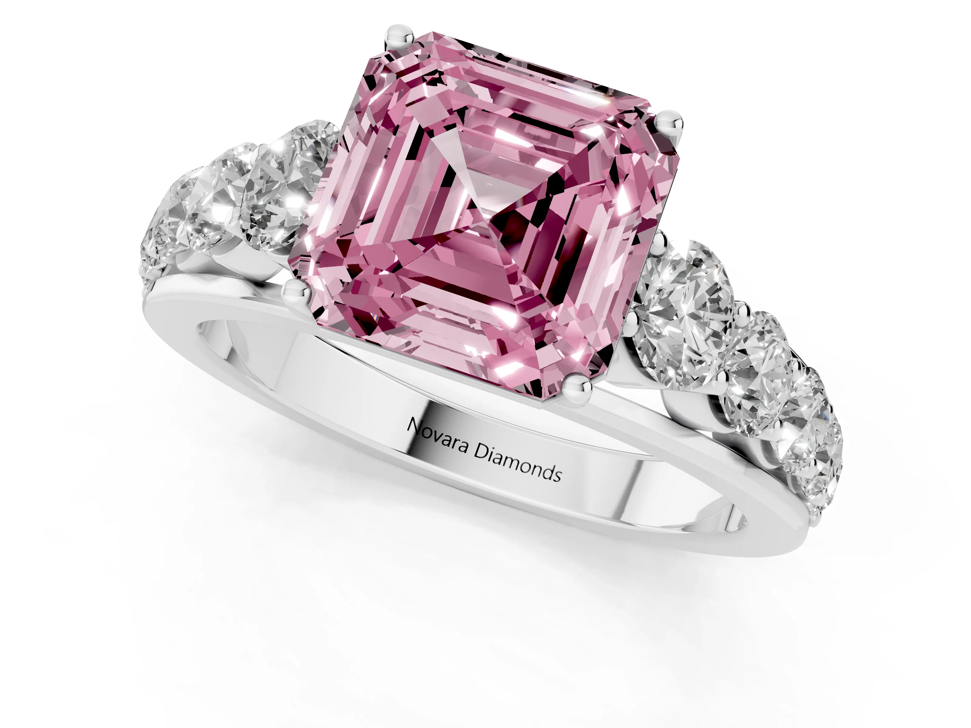 Fancy Pink Asscher Cut Diamond Solitaire Ring Set in White gold with Pavé-Set Band and Prong Setting