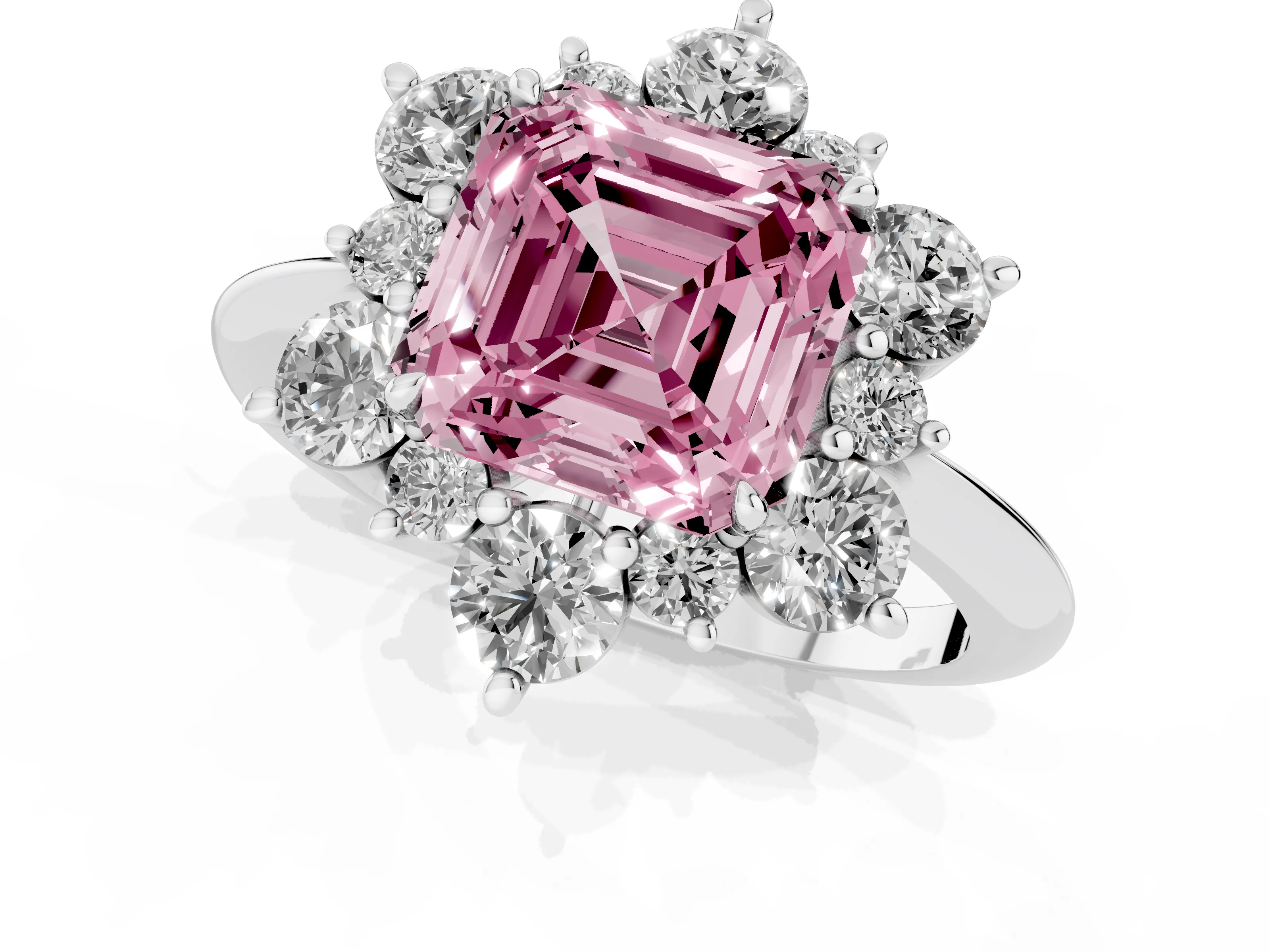 Fancy Pink Asscher Cut Diamond Cluster Halo Ring Set in Platinum with Solitaire Band and Prong Setting