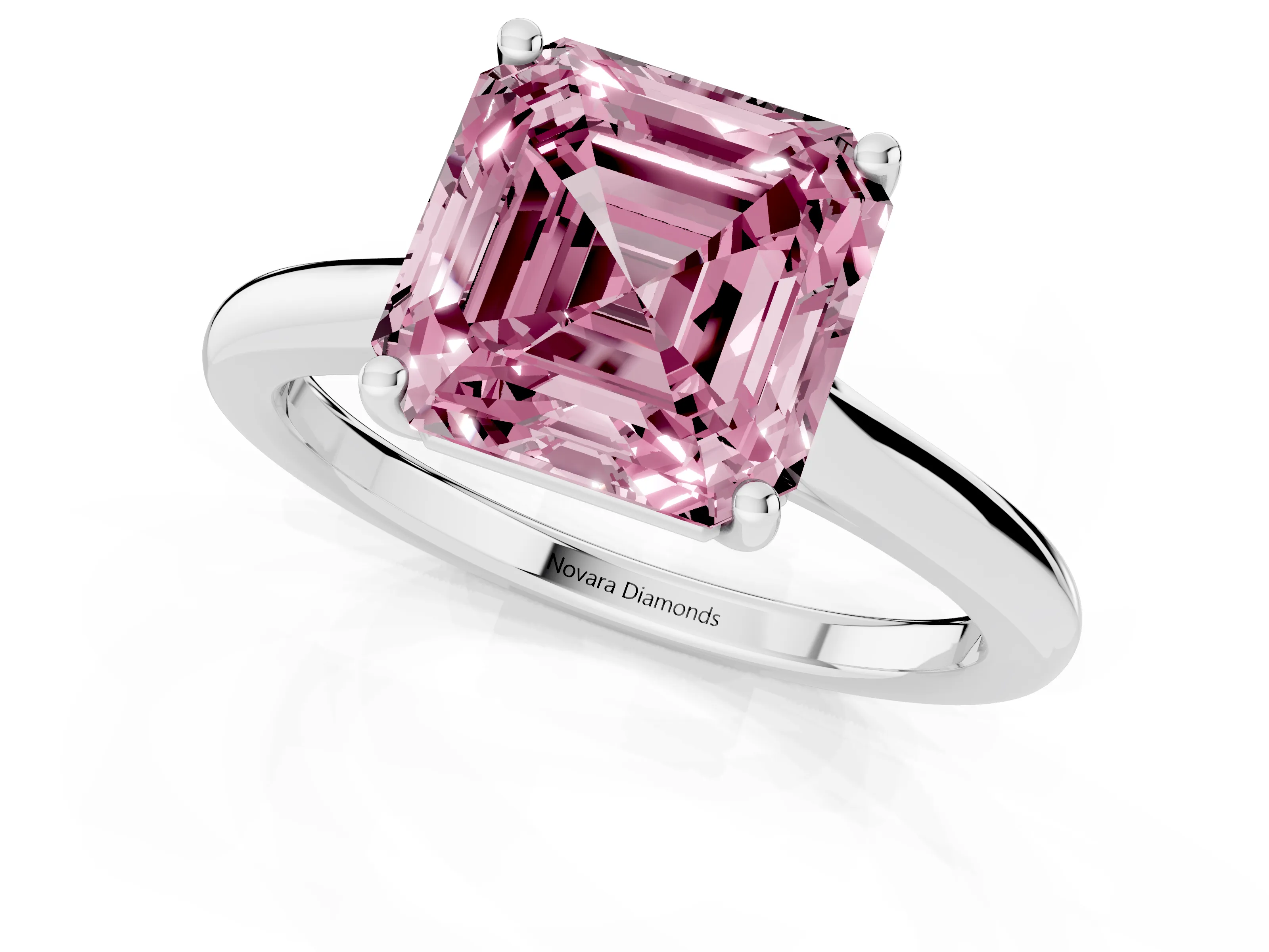 Fancy Pink Asscher Cut Diamond Solitaire Ring Set in Platinum with Cathedral Band and Prong Setting