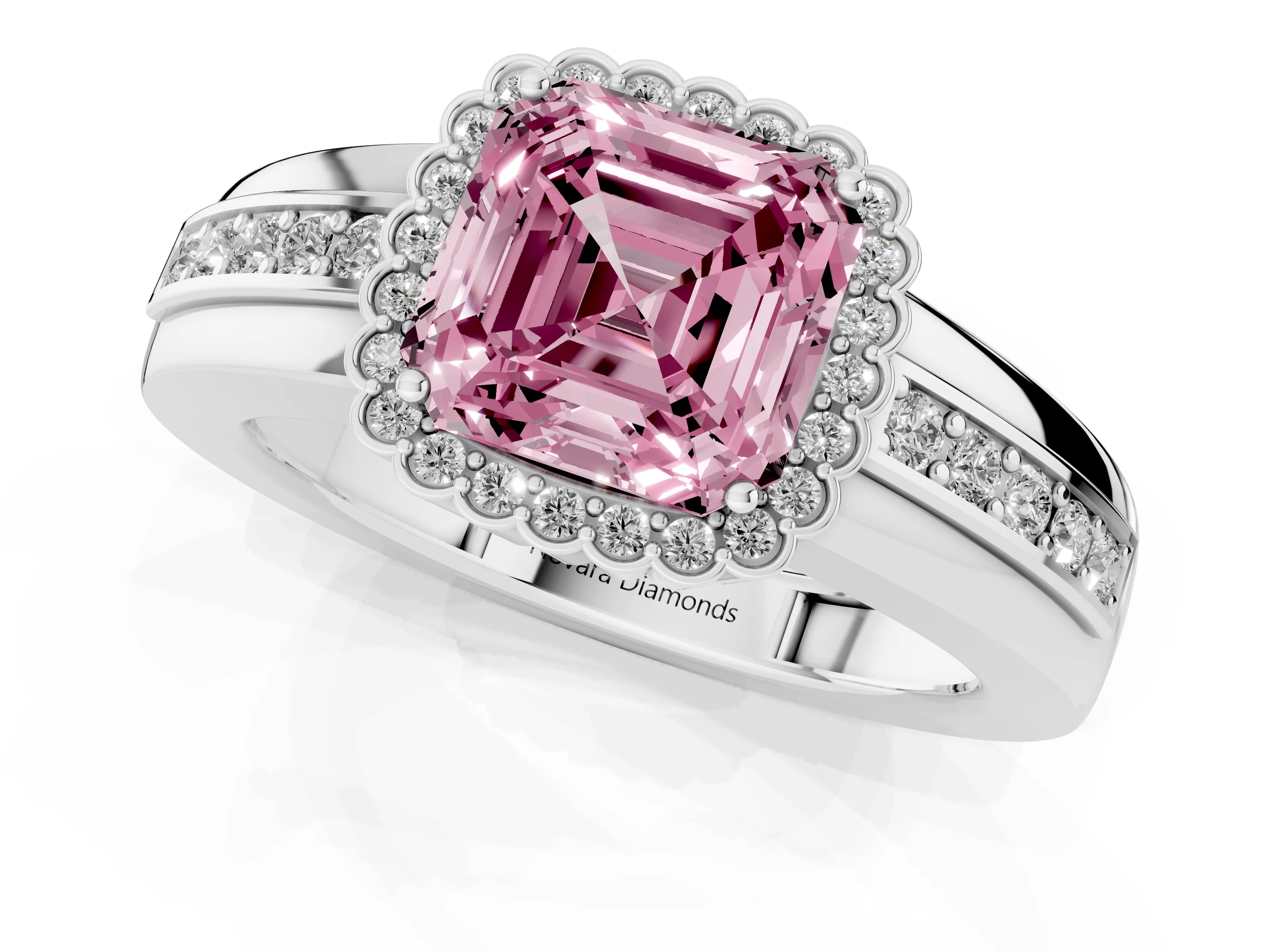 Fancy Pink Asscher Cut Diamond Halo Prong Ring Set in Silver with Pavé Band