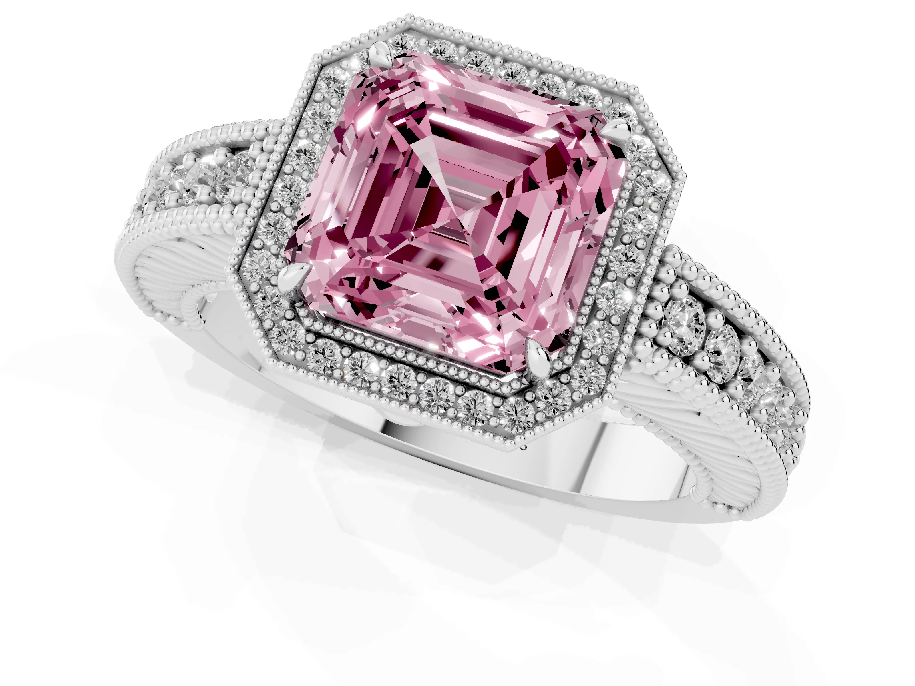 Fancy Pink Asscher Cut Diamond Halo Ring Set in Silver with Round Accent Halo, Pavé Band and Prong Setting