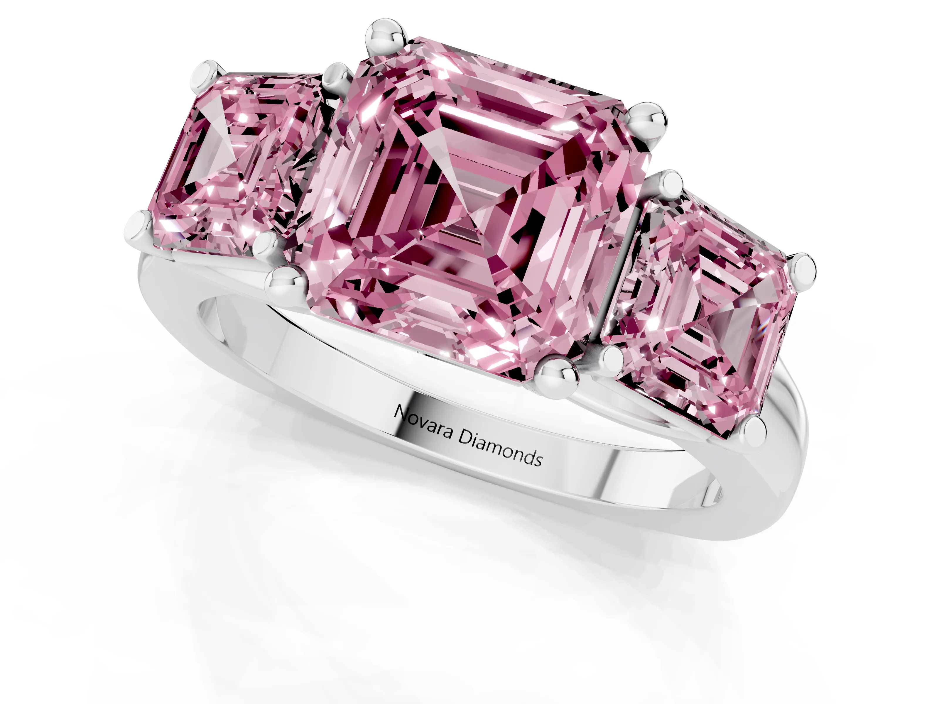 Fancy Pink Asscher Cut Diamond Three-Stone Trellis Ring Set in Silver with Comfort Fit Band