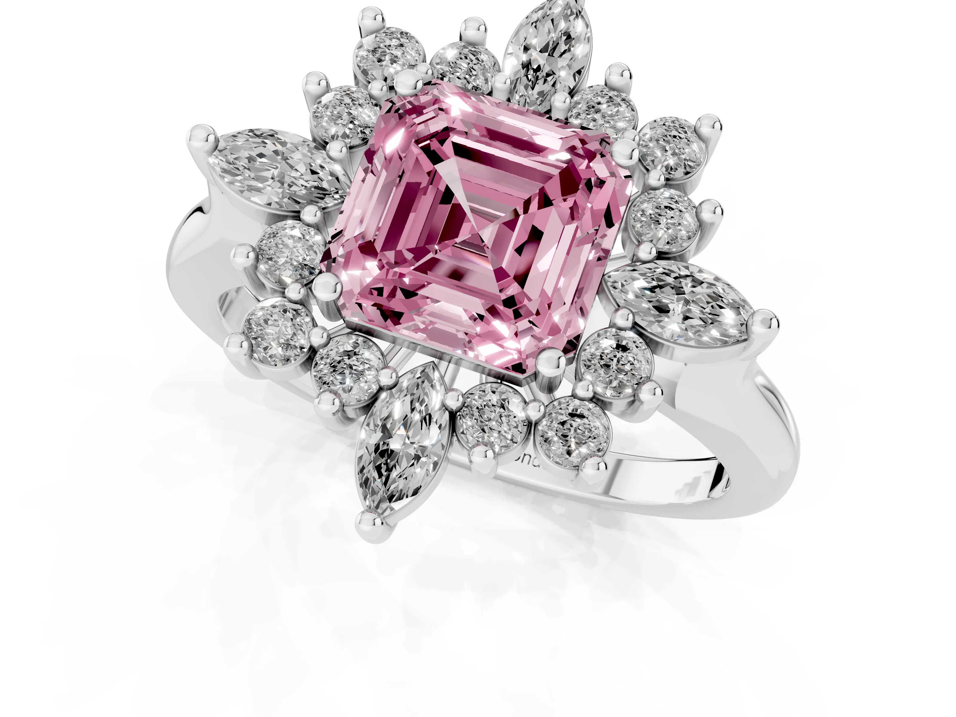 Fancy Pink Asscher Cut Diamond Cluster Halo Ring Set in Platinum with Marquise and Round Accents