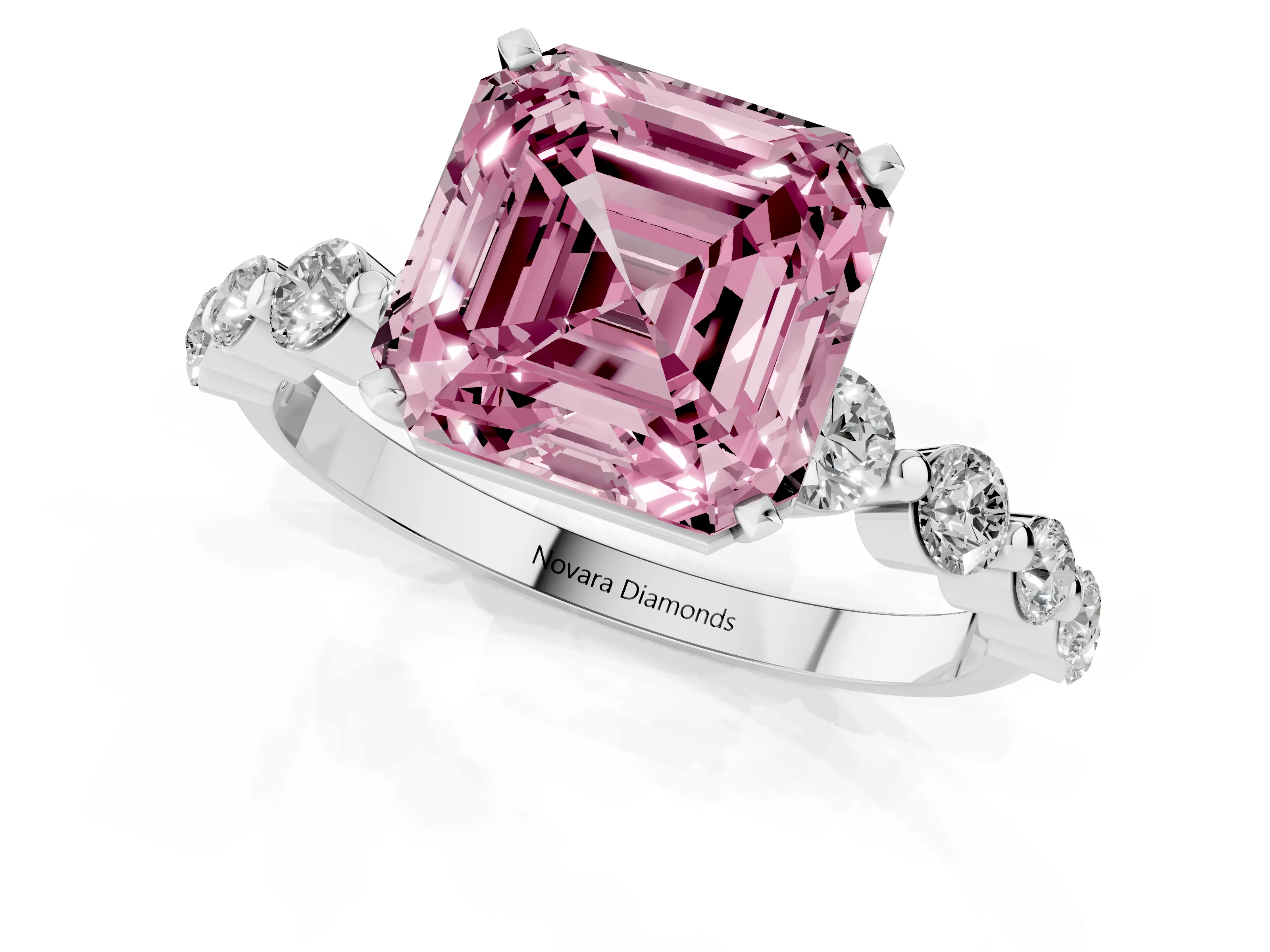 Fancy Pink Asscher Cut Diamond Solitaire Ring Set in Platinum with Pavé Band and Prong Setting