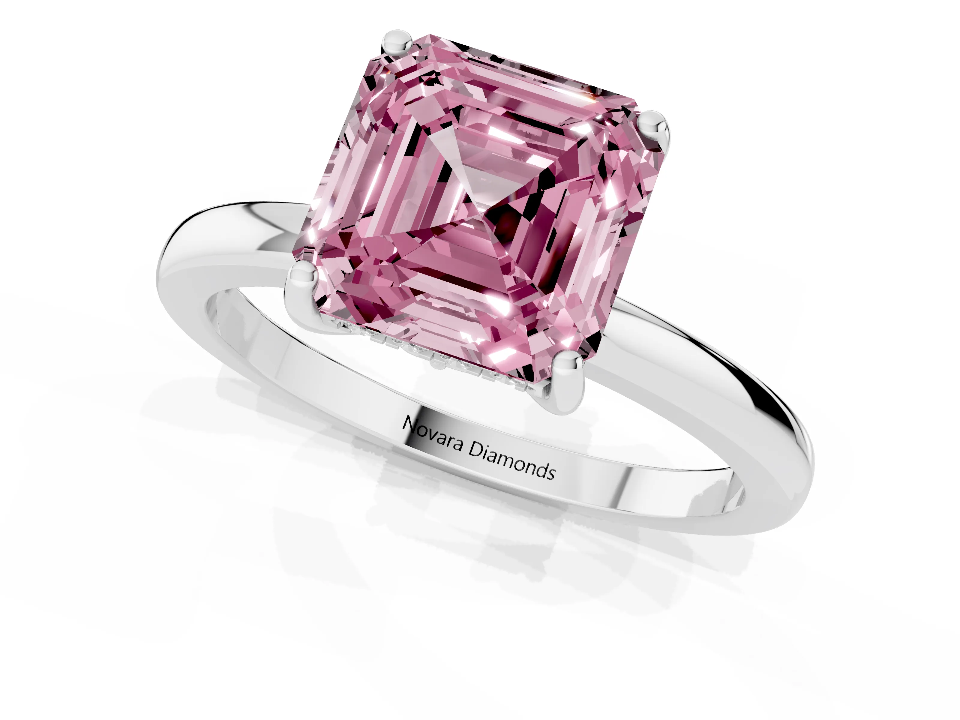 Fancy Pink Asscher Cut Diamond Solitaire Ring Set in Platinum with Plain Band and Prong Setting