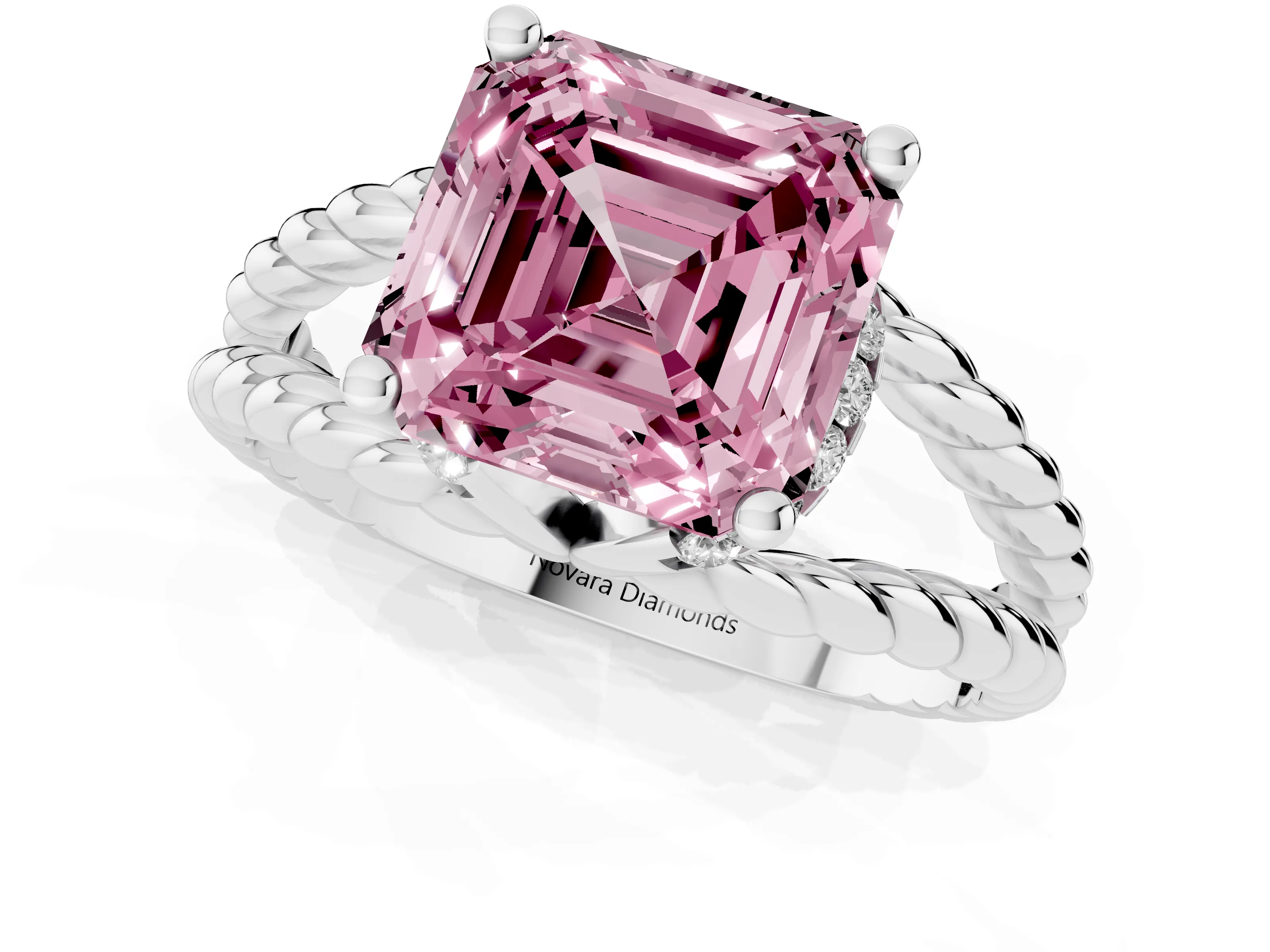 Fancy Pink Asscher Cut Diamond Halo Ring Set in White gold with Twisted Band and Prong Setting
