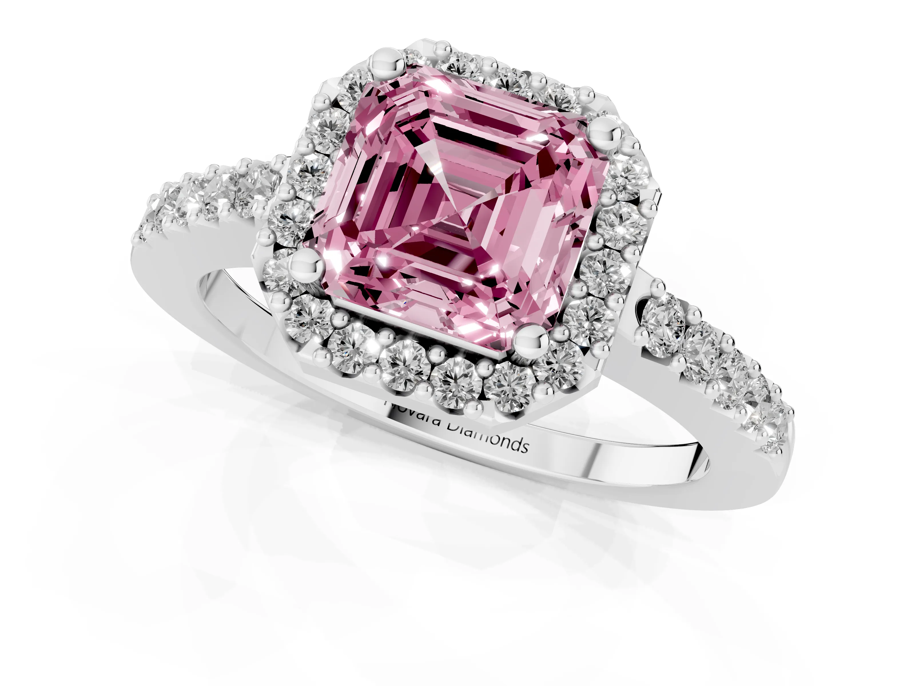 Fancy Pink Asscher Cut Diamond Halo Pavé Solitaire Ring Set in Platinum with Prong-Set Center Stone