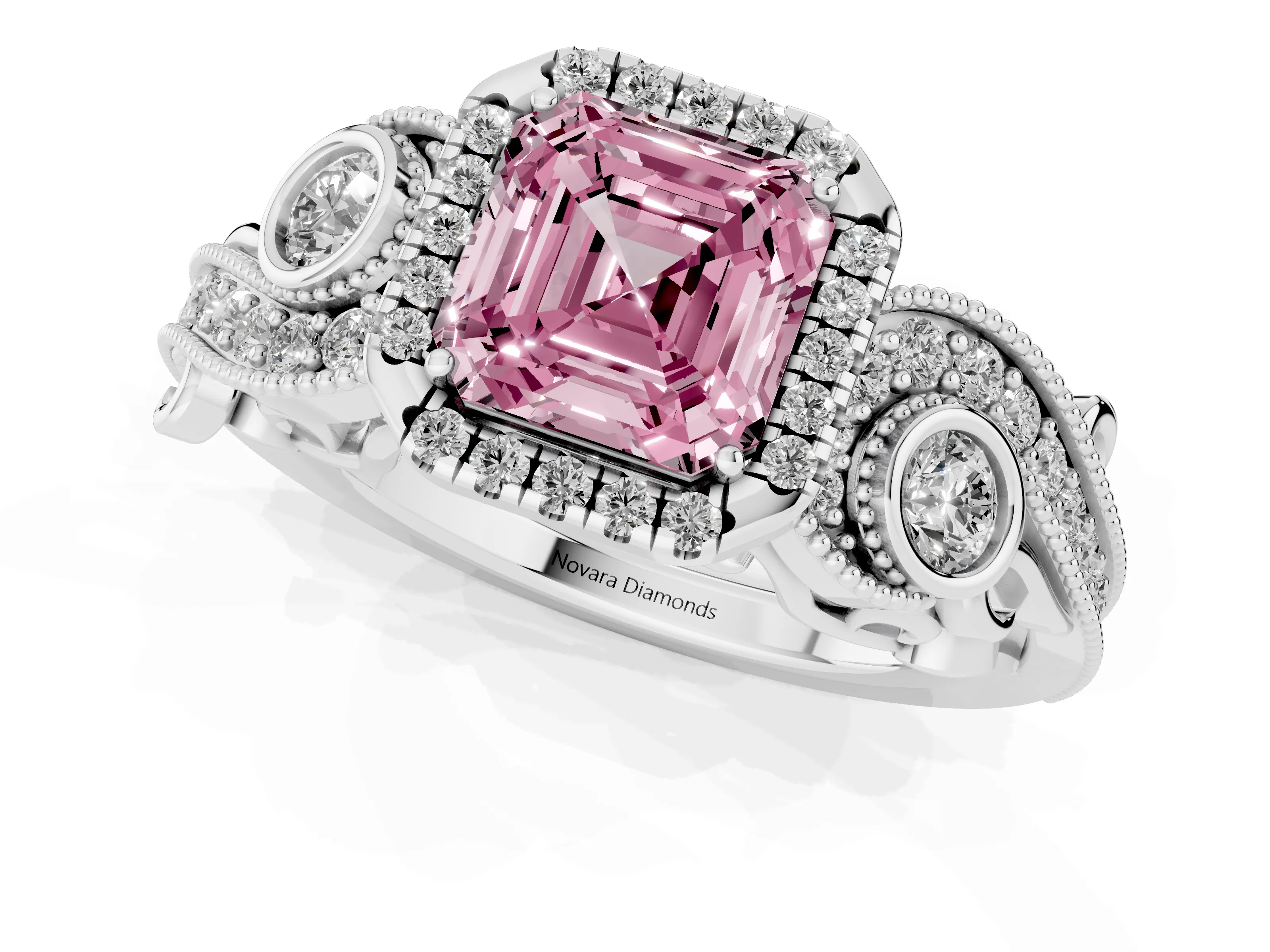 Fancy Pink Asscher Cut Diamond Halo Ring Set in Silver with Milgrain Pavé Band and Prong Setting