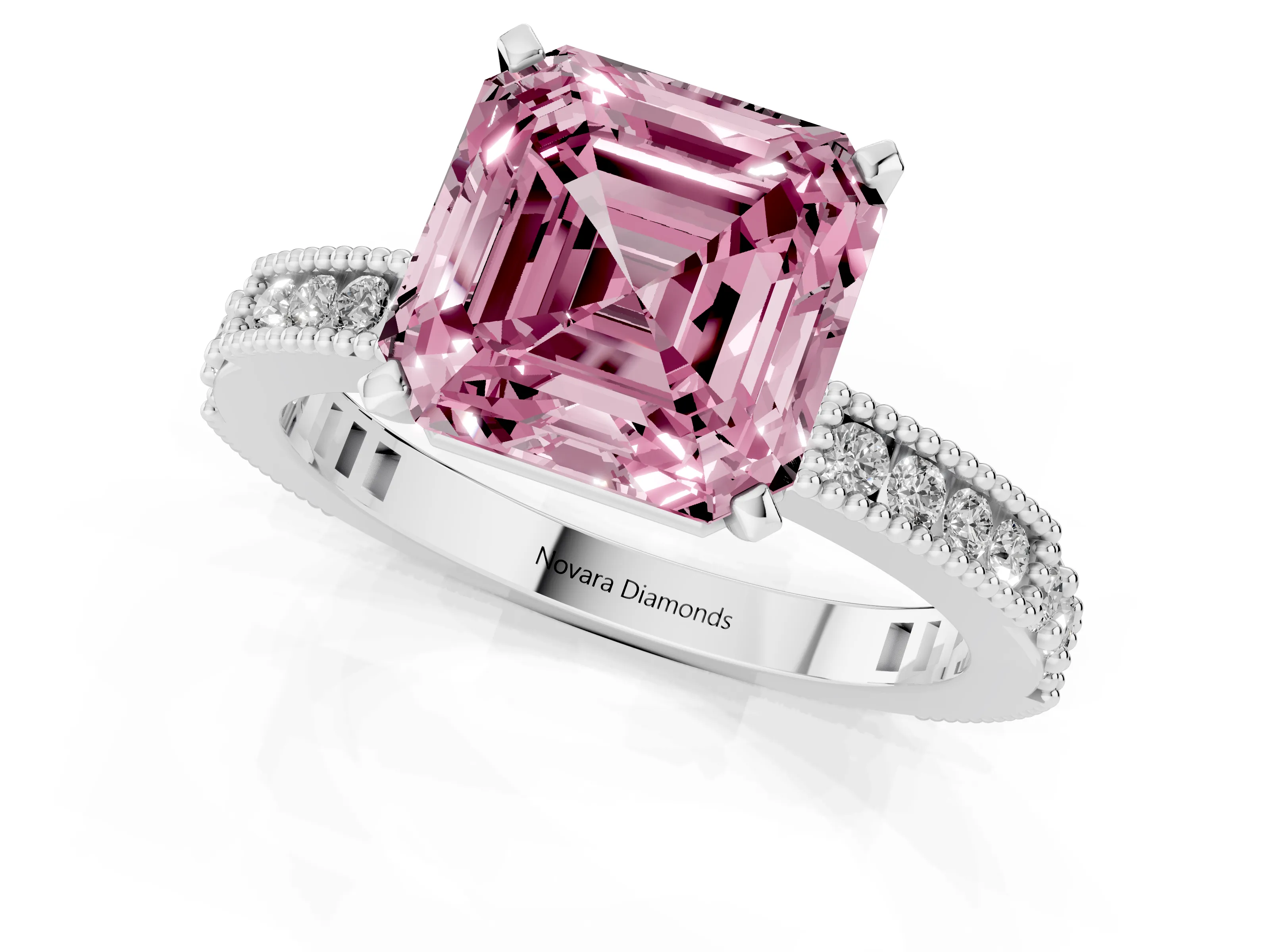 Fancy Pink Asscher Cut Diamond Solitaire Ring Set in Silver with Slim Pavé Band and Prong Setting
