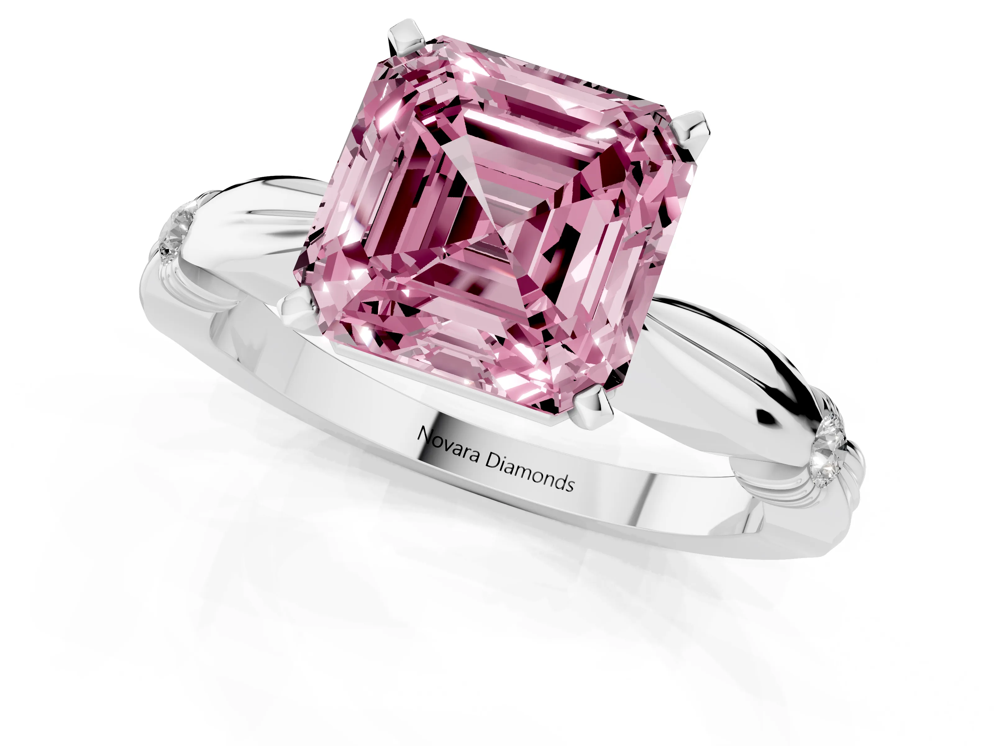 Fancy Pink Asscher Cut Diamond Solitaire Twisted Band Ring Set in Silver with Accent Stones and Prong Setting