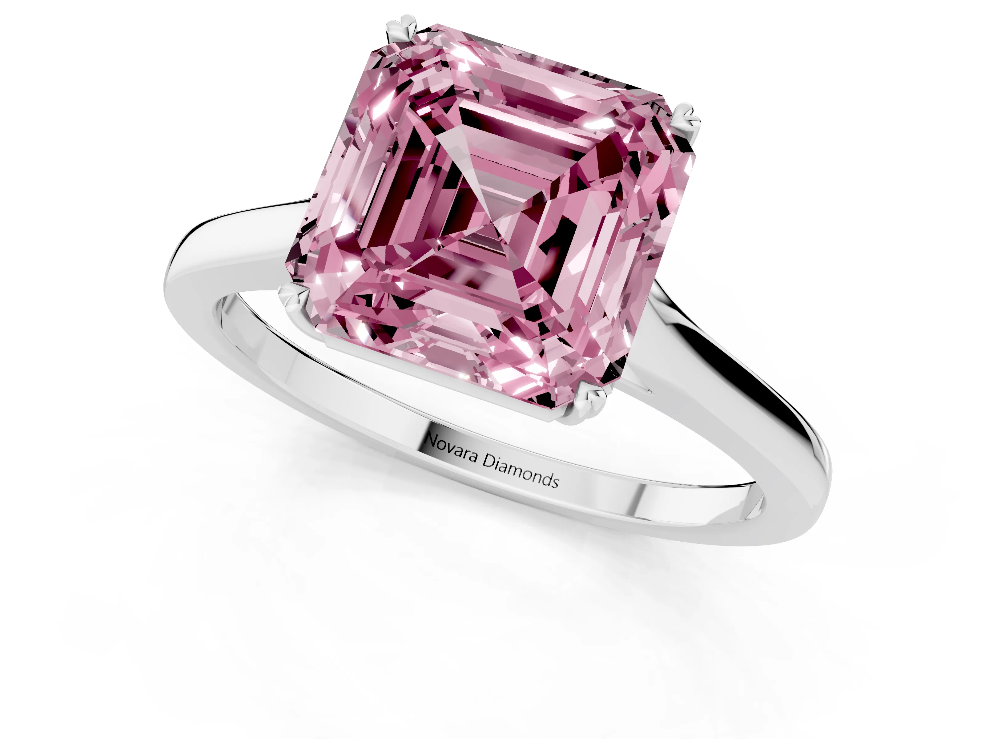 Fancy Pink Asscher Cut Diamond Solitaire Heart Prong Engagement Ring Set in White gold with Tapered Band