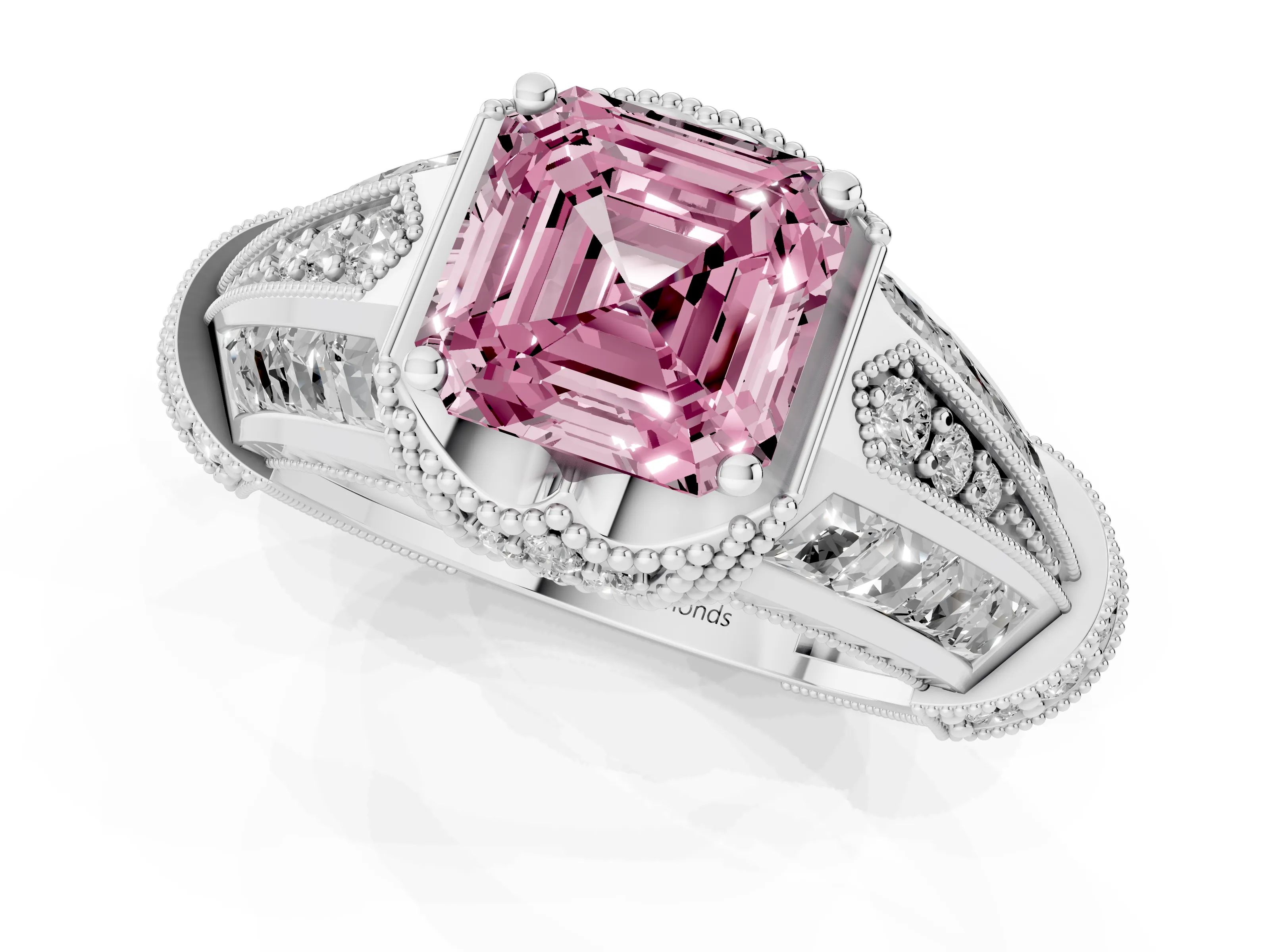 Fancy Pink Asscher Cut Diamond Vintage-Inspired Milgrain Ring Set in Platinum with Accent Split Shank
