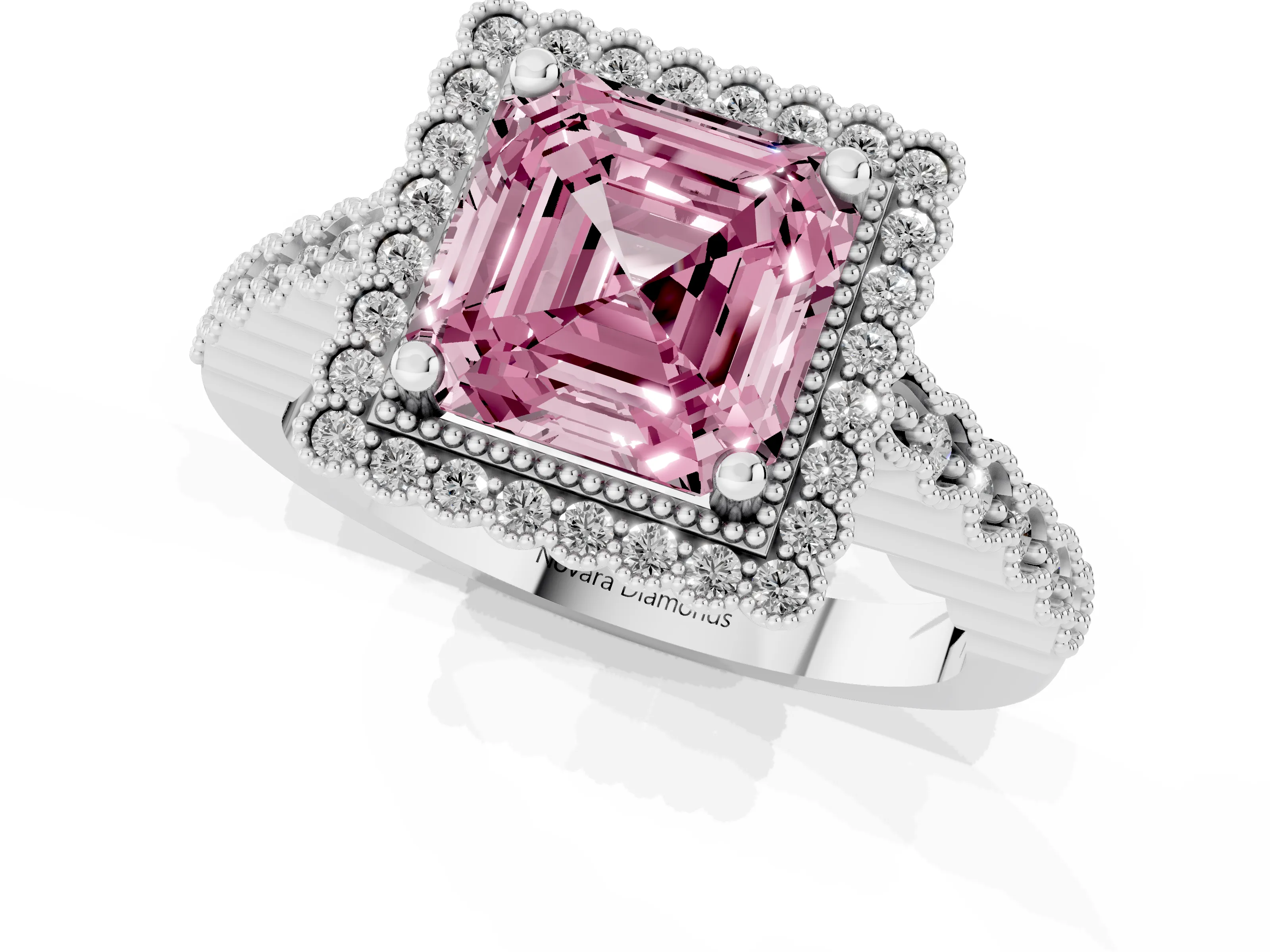 Fancy Pink Asscher Cut Diamond Halo Ring Set in Platinum with Pavé Milgrain Band