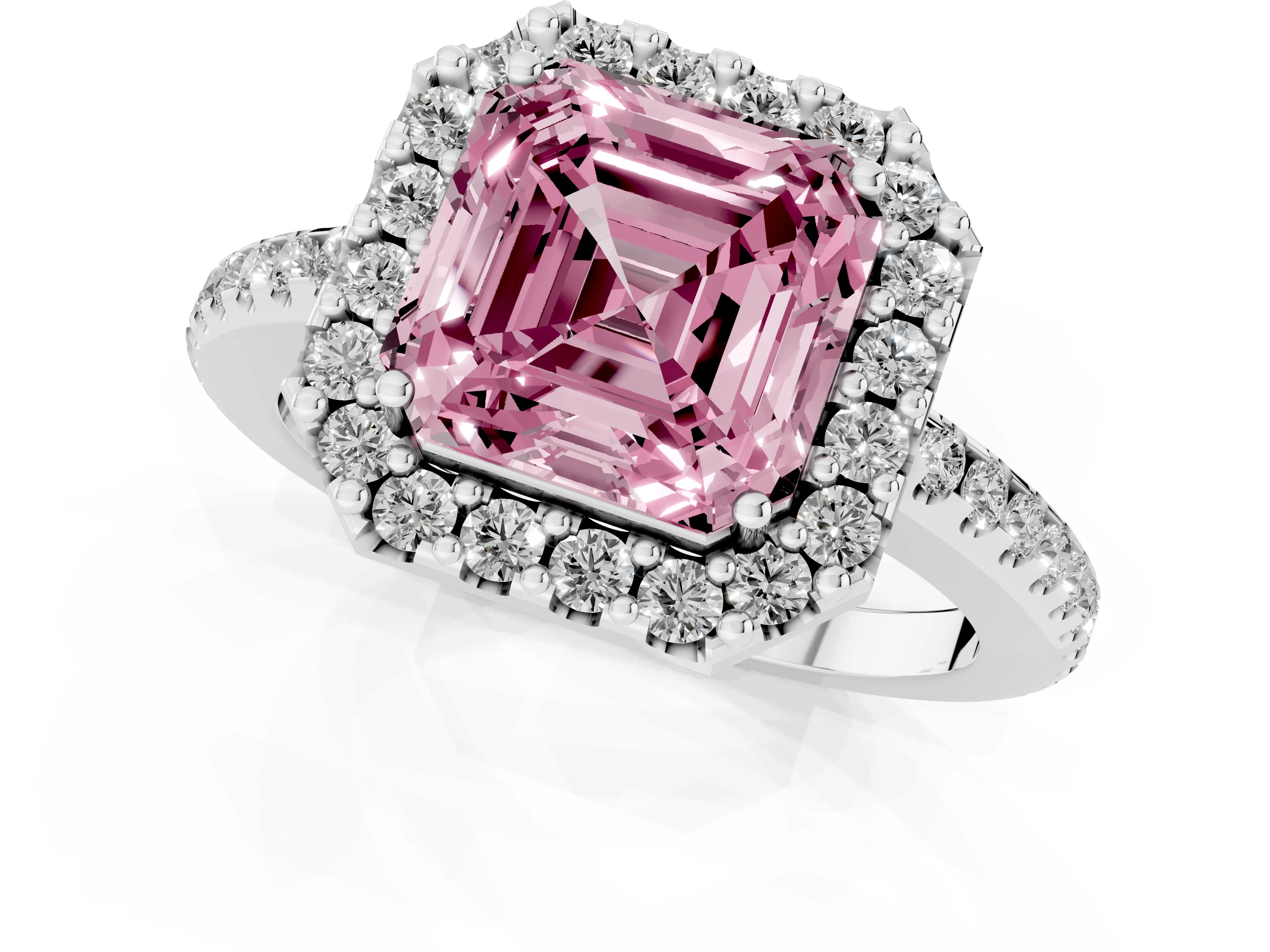 Fancy Pink Asscher Cut Diamond Pavé Halo Ring Set in Platinum with Prong Setting