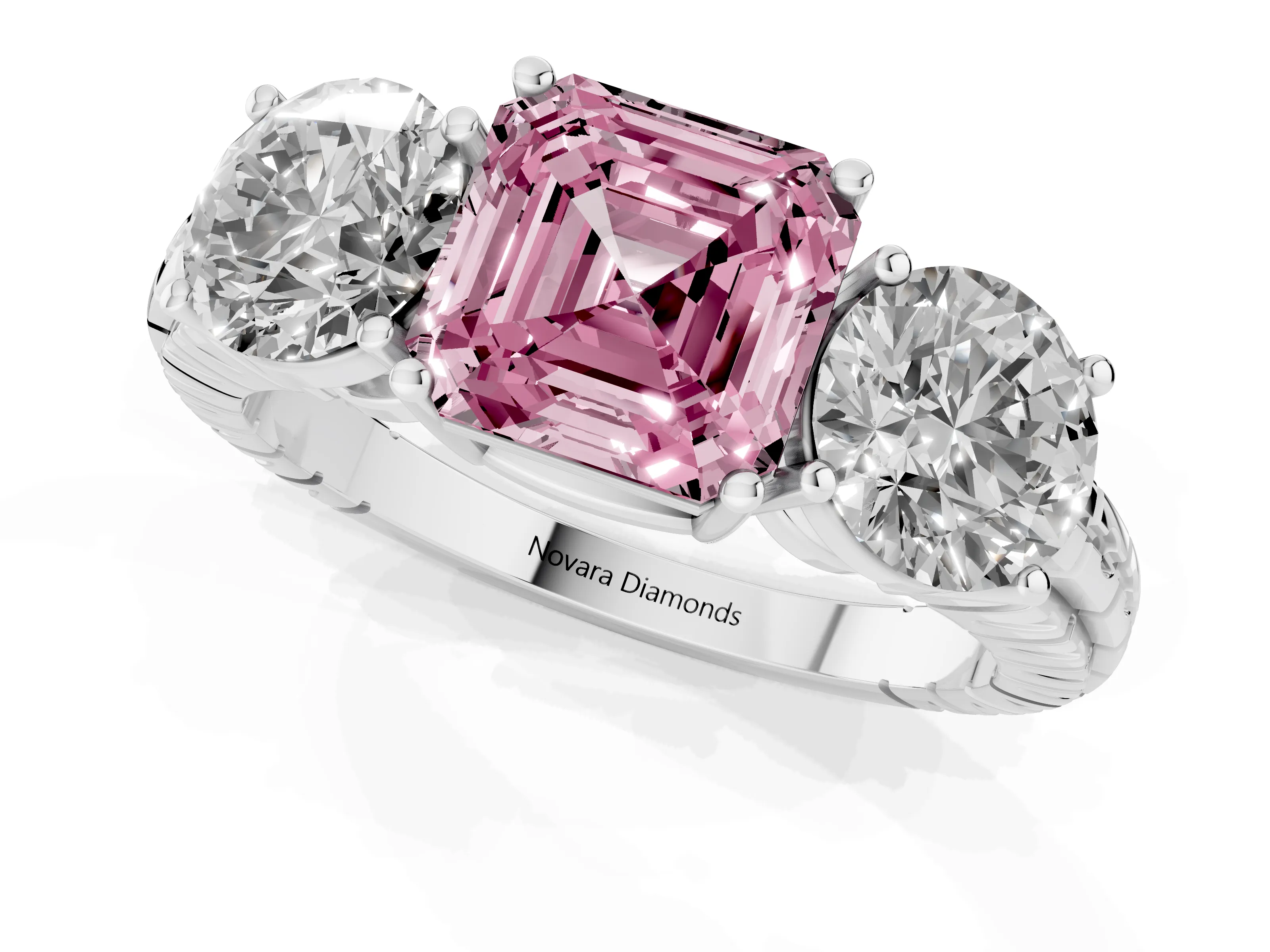 Fancy Pink Asscher Cut Diamond Three-Stone Ring Set in Platinum with Channel-Set Accent Band