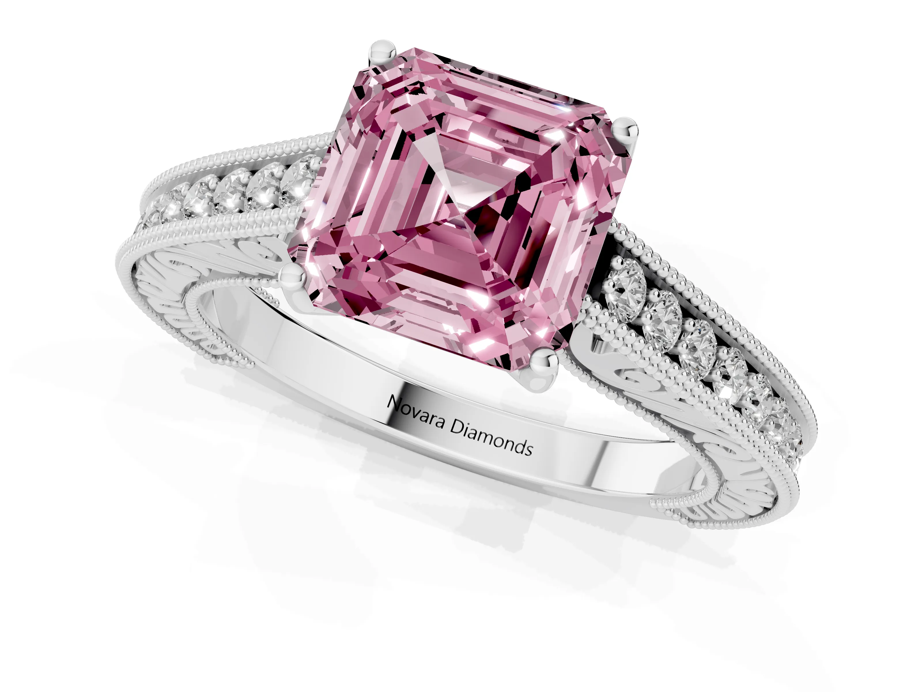 Fancy Pink Asscher Cut Diamond Milgrain Pavé Band Solitaire Ring Set in White gold with Prong Setting