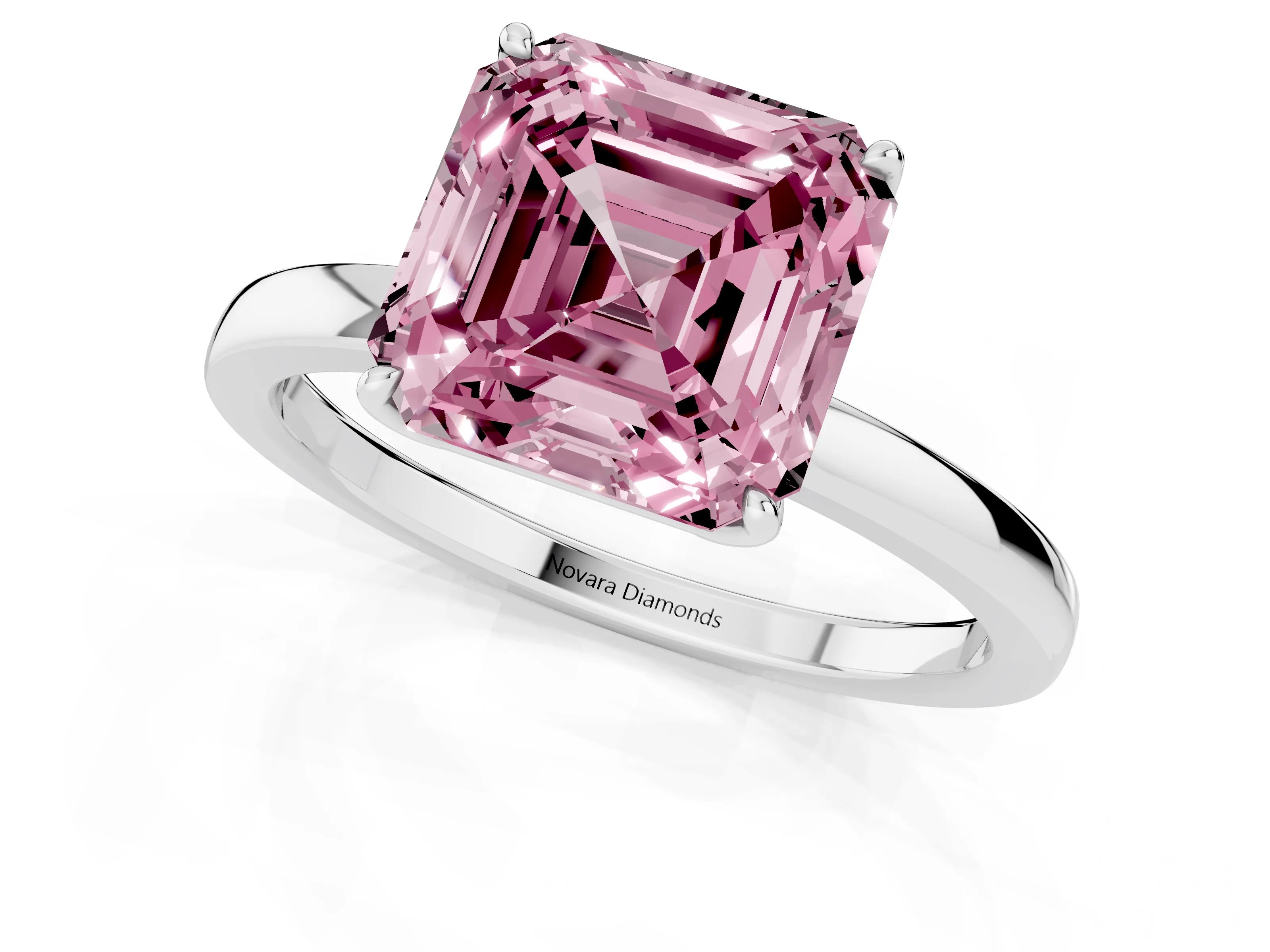 Fancy Pink Asscher Cut Diamond Solitaire Ring Set in Platinum with Prong Setting and Thin Polished Band