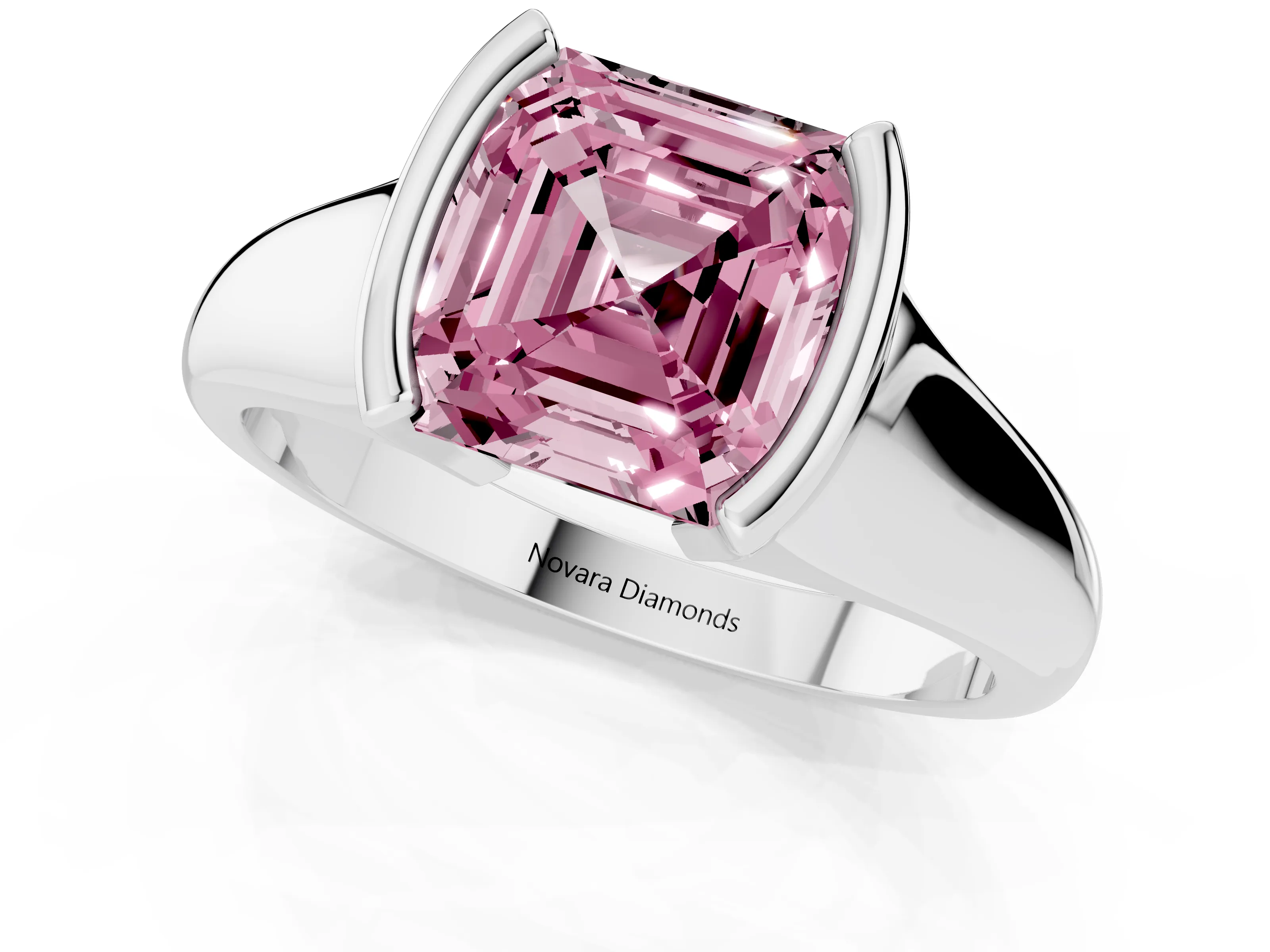 Fancy Pink Asscher Cut Diamond Solitaire Tension Set Ring Set in Platinum with Split Shank Band