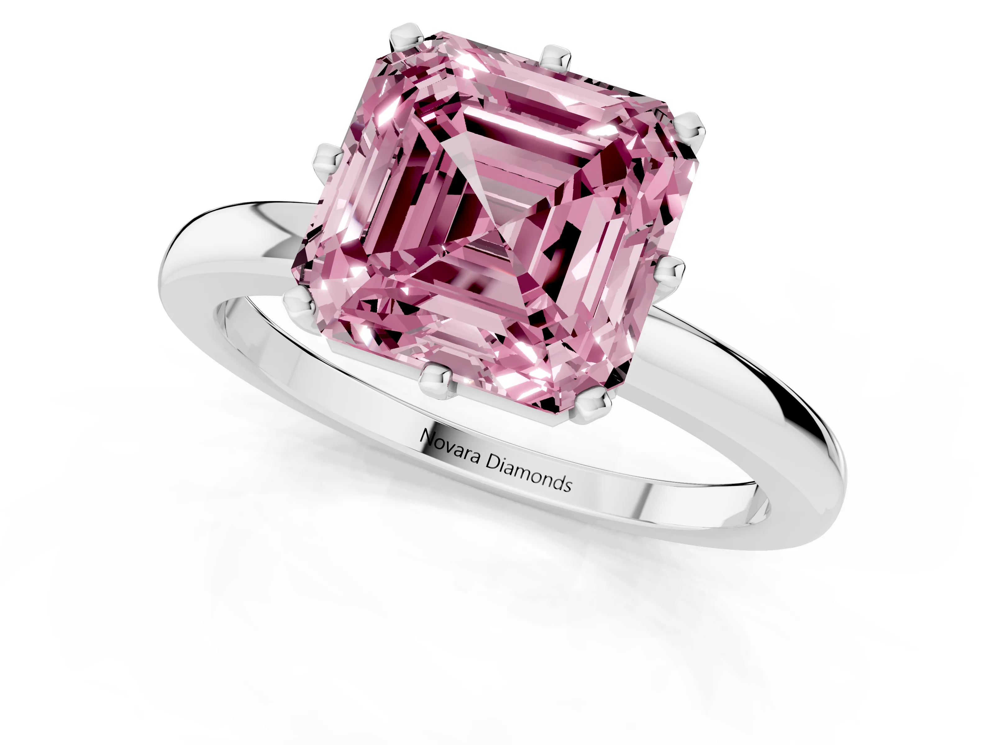 Fancy Pink Asscher Cut Diamond Solitaire Ring Set in White gold with Raised Prong Setting on a Classic Band