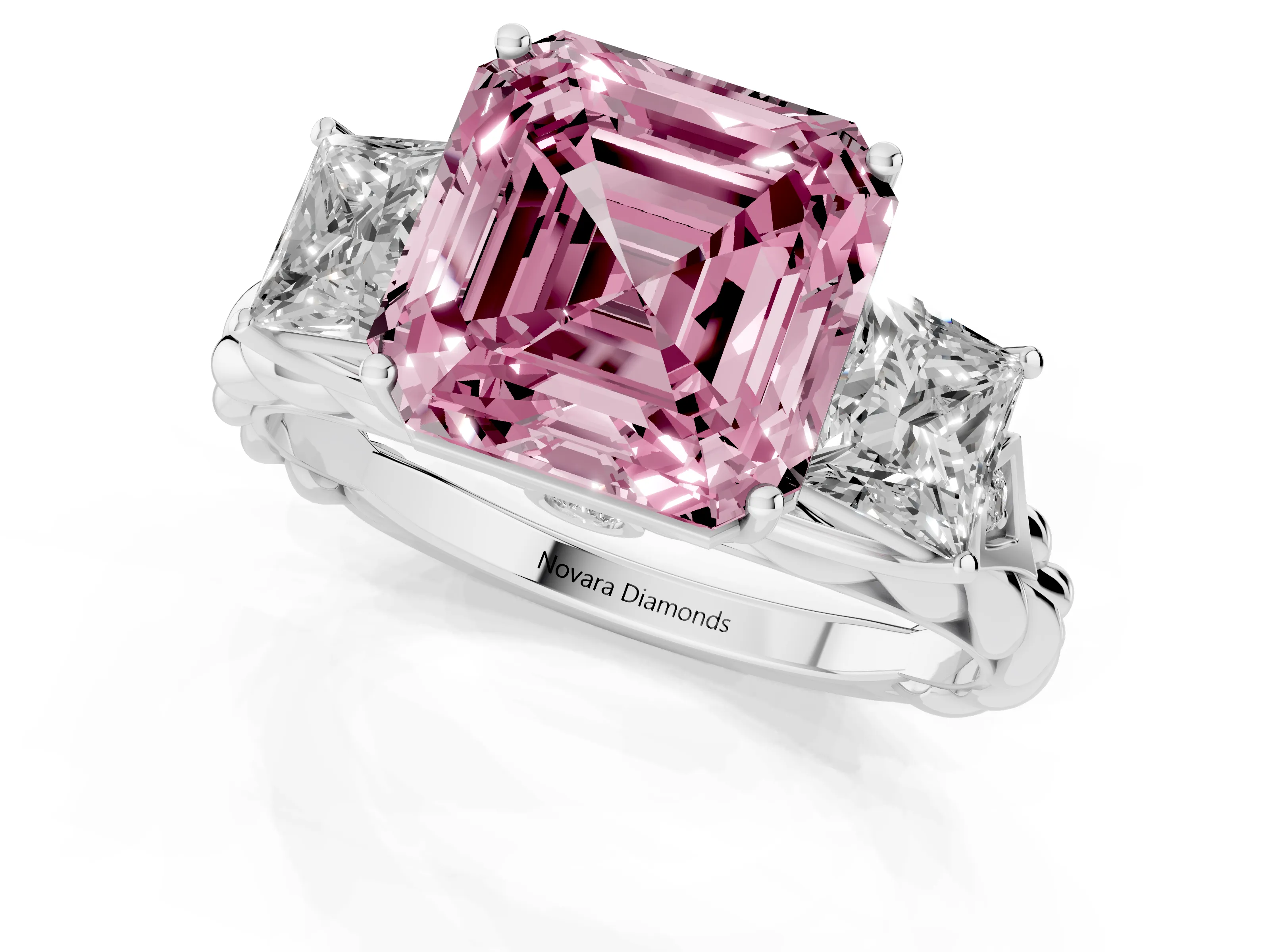 Fancy Pink Asscher Cut Diamond Three-Stone Ring Set in White gold with Braided Band
