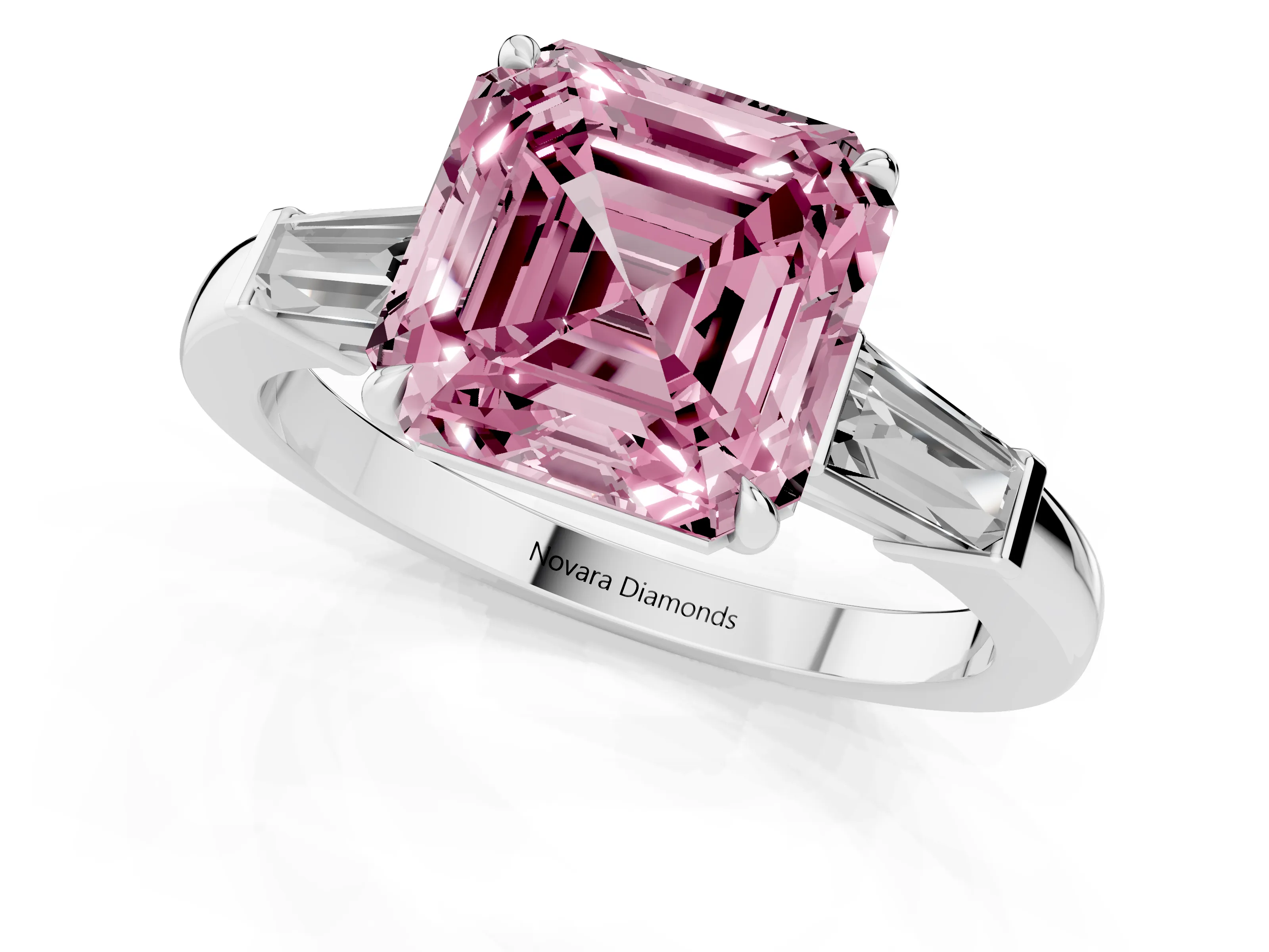 Fancy Pink Asscher Cut Diamond Three-Stone Ring Set in White gold with Tapered Baguette Side Stones and Prong Setting