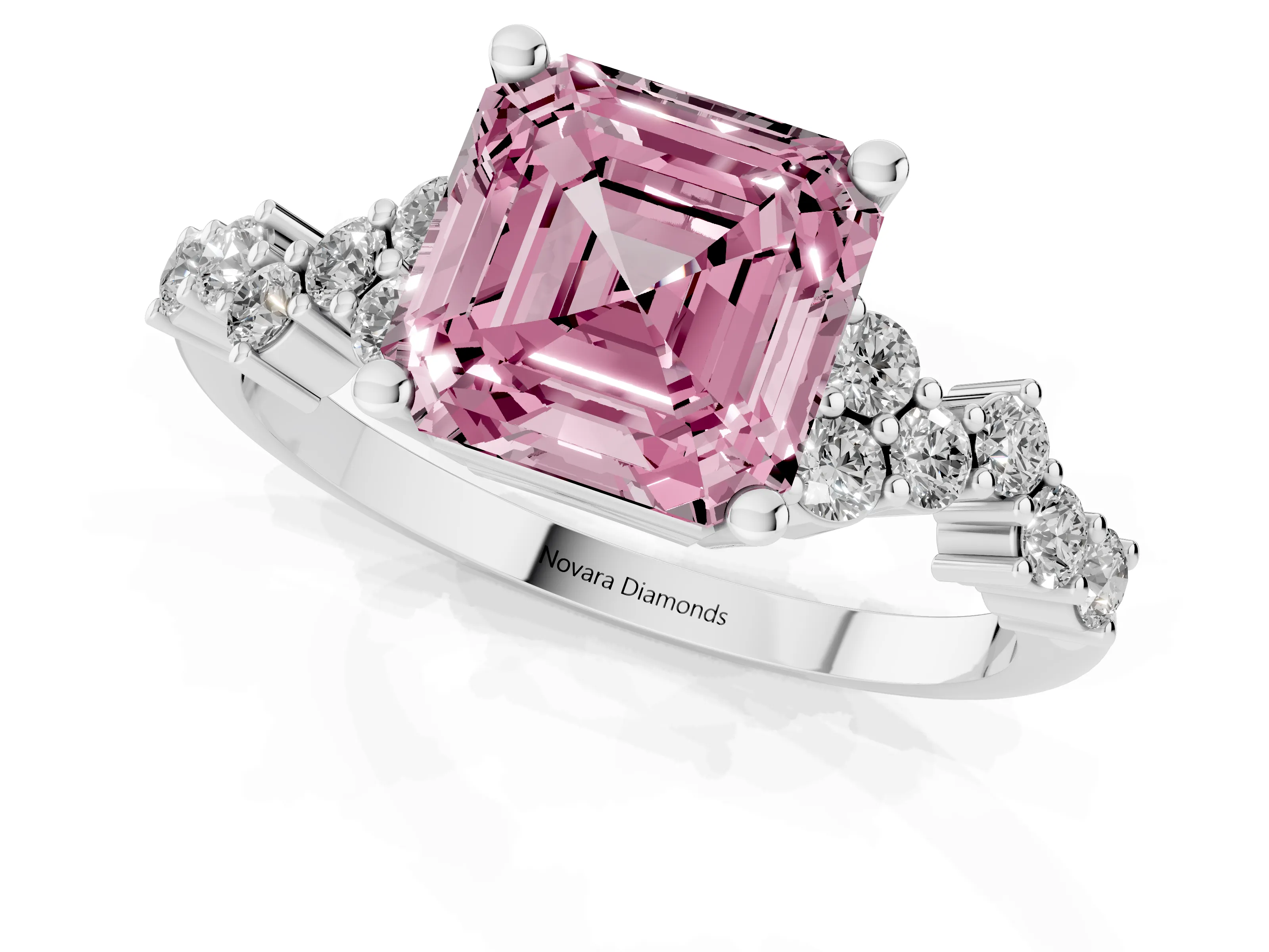 Fancy Pink Asscher Cut Diamond Ring Set in White gold with Scattered Round Accents