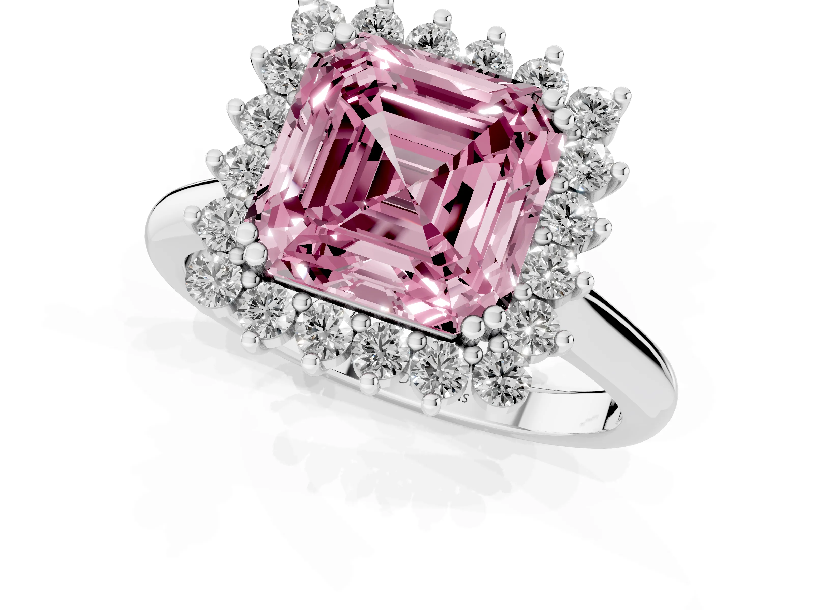 Fancy Pink Asscher Cut Diamond Halo Ring Set in Platinum with Plain Solitaire Band and Prong Setting