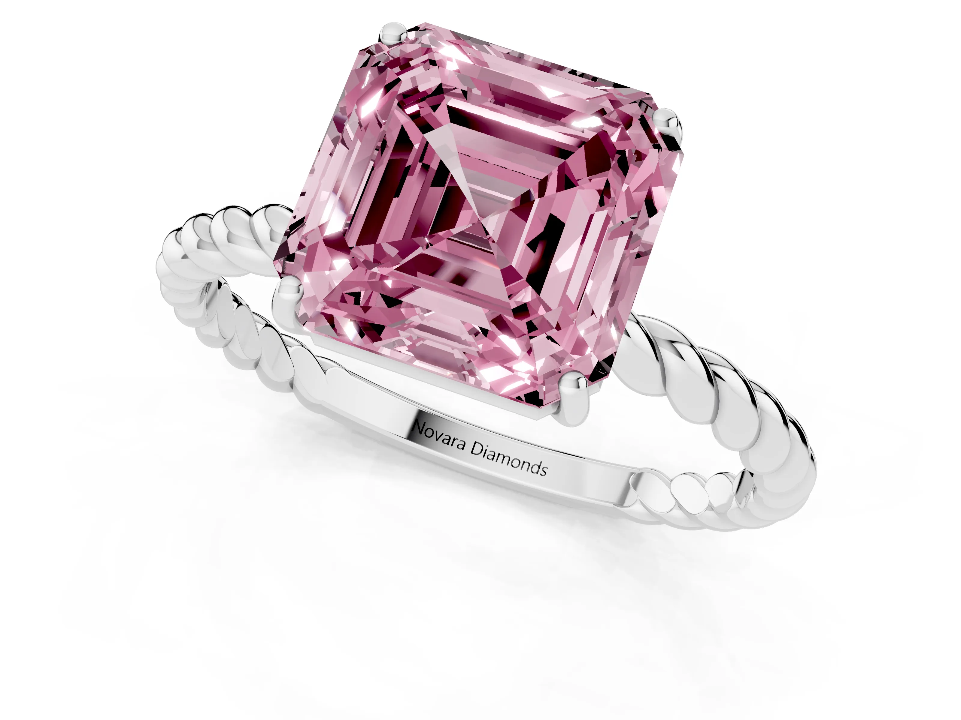 Fancy Pink Asscher Cut Diamond Solitaire Ring Set in White gold with Twist Band and Prong Setting