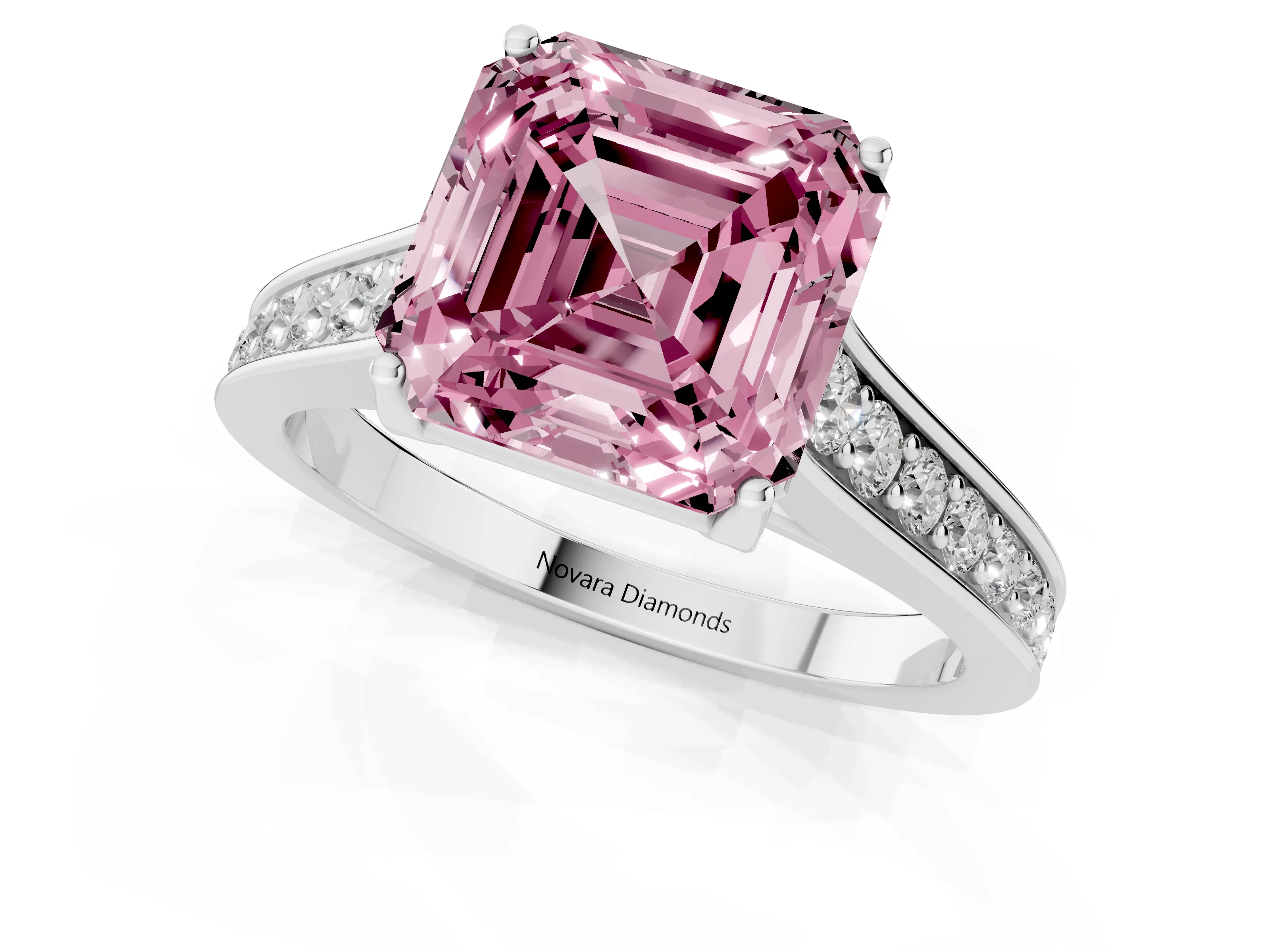 Fancy Pink Asscher Cut Diamond Solitaire Pavé Engagement Ring Set in Platinum with Prong Setting