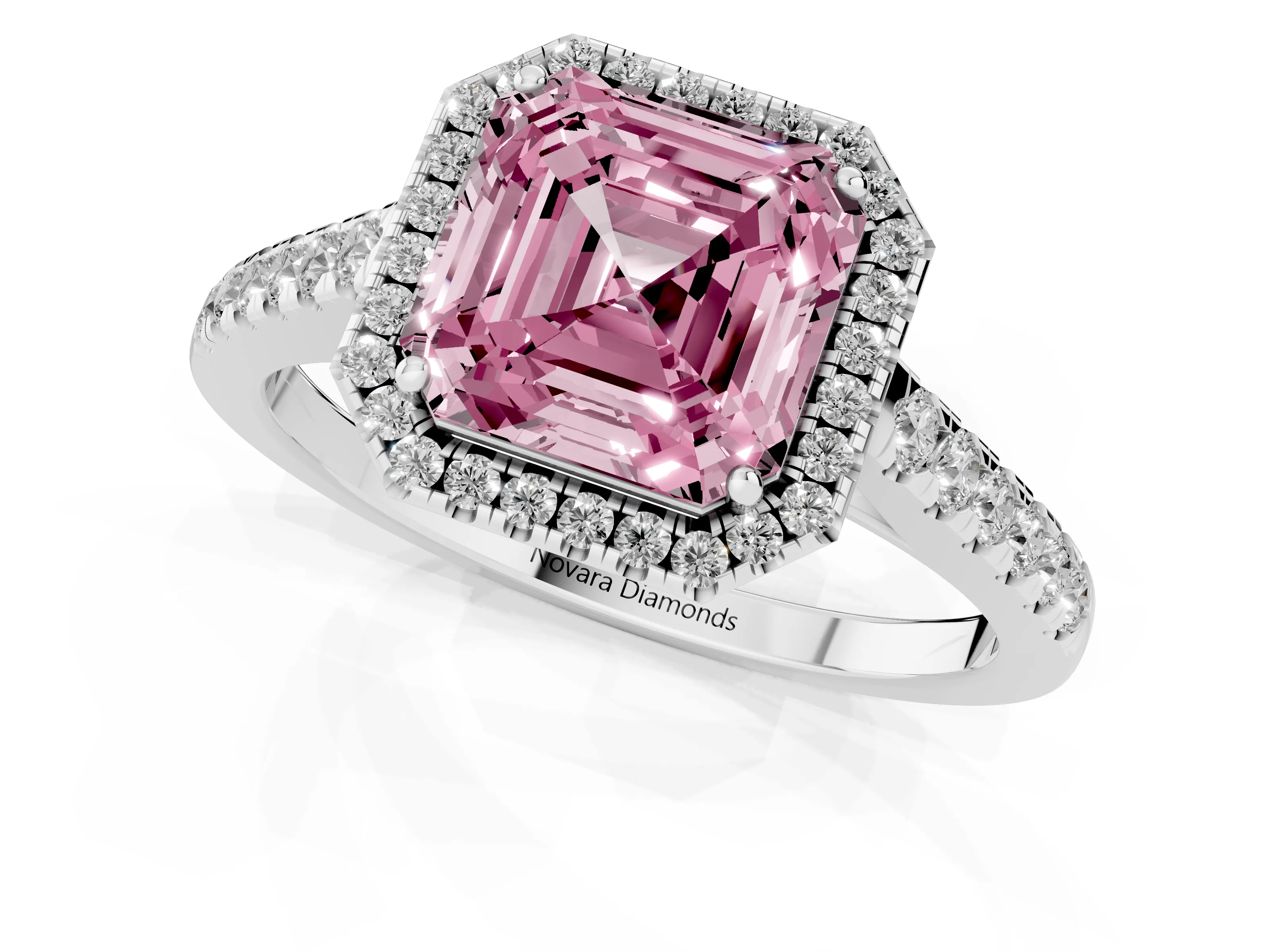 Fancy Pink Asscher Cut Diamond Halo Pavé Engagement Ring Set in White gold with Prong Setting