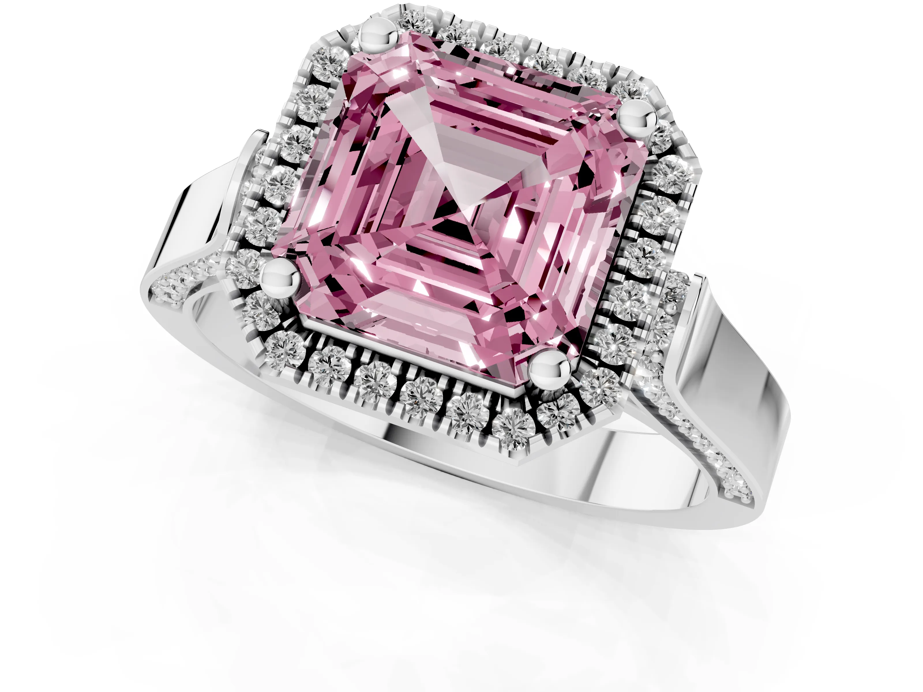 Fancy Pink Asscher Cut Diamond Halo Ring Set in Platinum with Pavé-Lined Split Shank Band