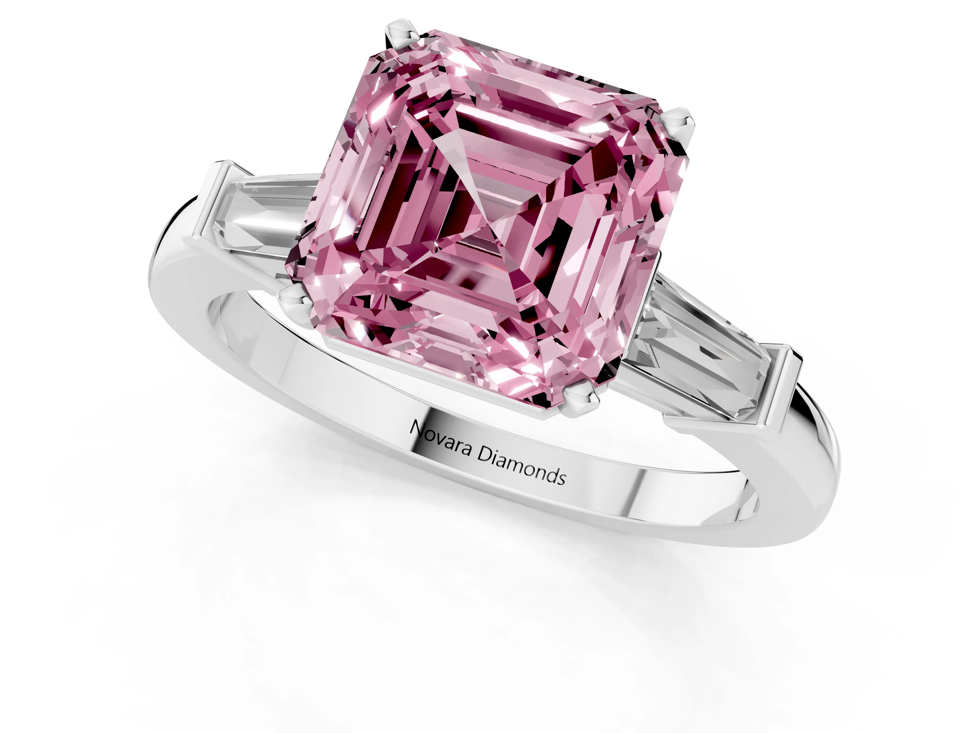 Fancy Pink Asscher Cut Diamond Solitaire Ring Set in White gold with Tapered Baguette Accents and Prong Setting