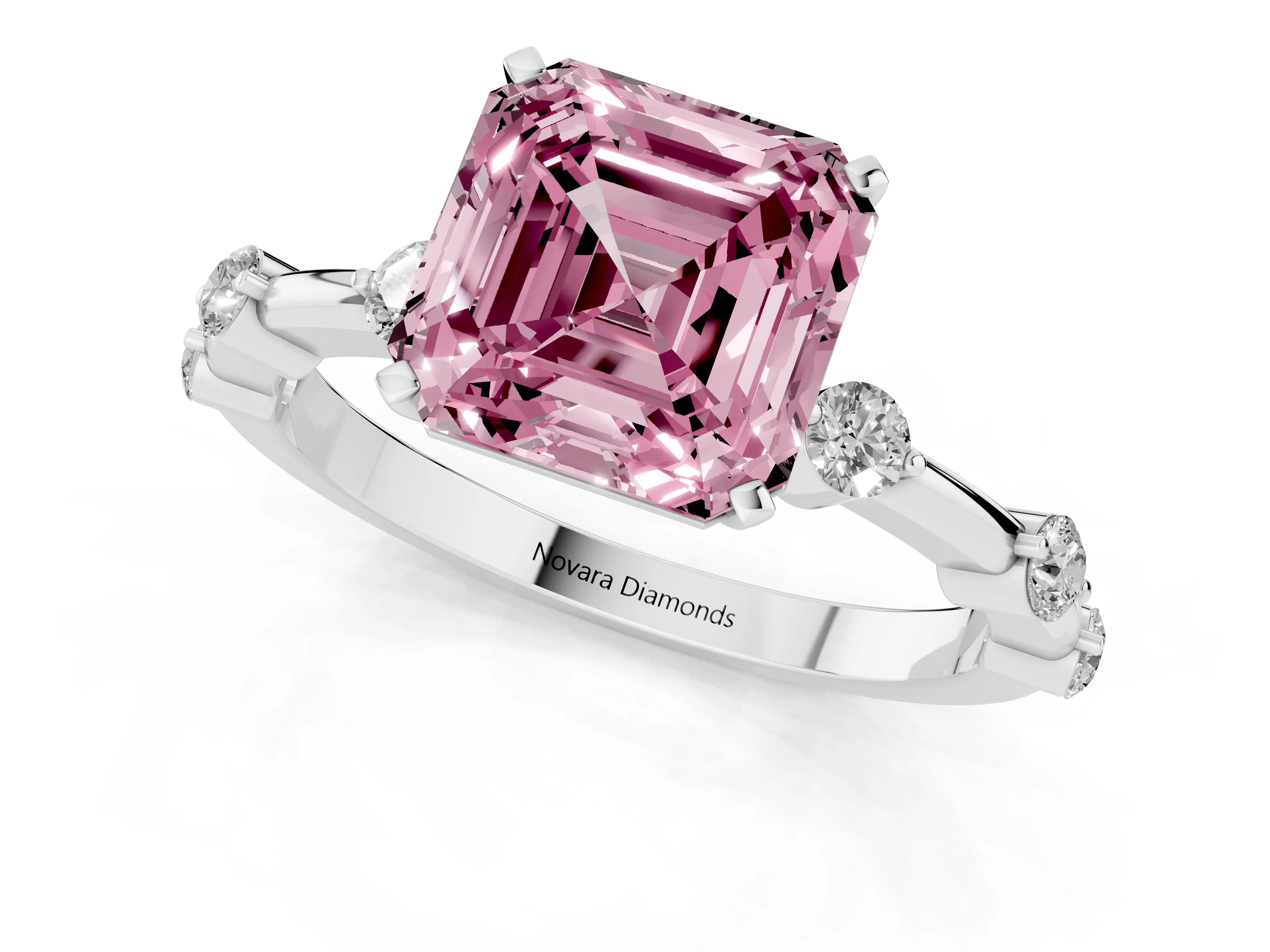 Fancy Pink Asscher Cut Diamond Solitaire Ring Set in Silver with Bezel Set Side Stones and Prong Setting