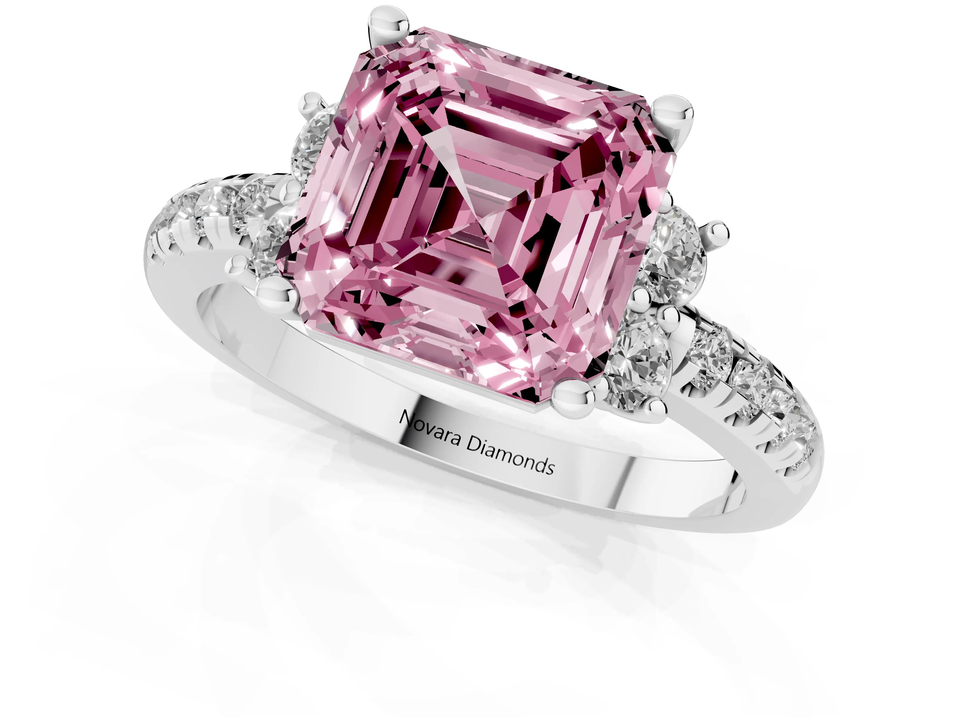 Fancy Pink Asscher Cut Diamond Three-Stone Pavé Ring Set in White gold with Prong Setting