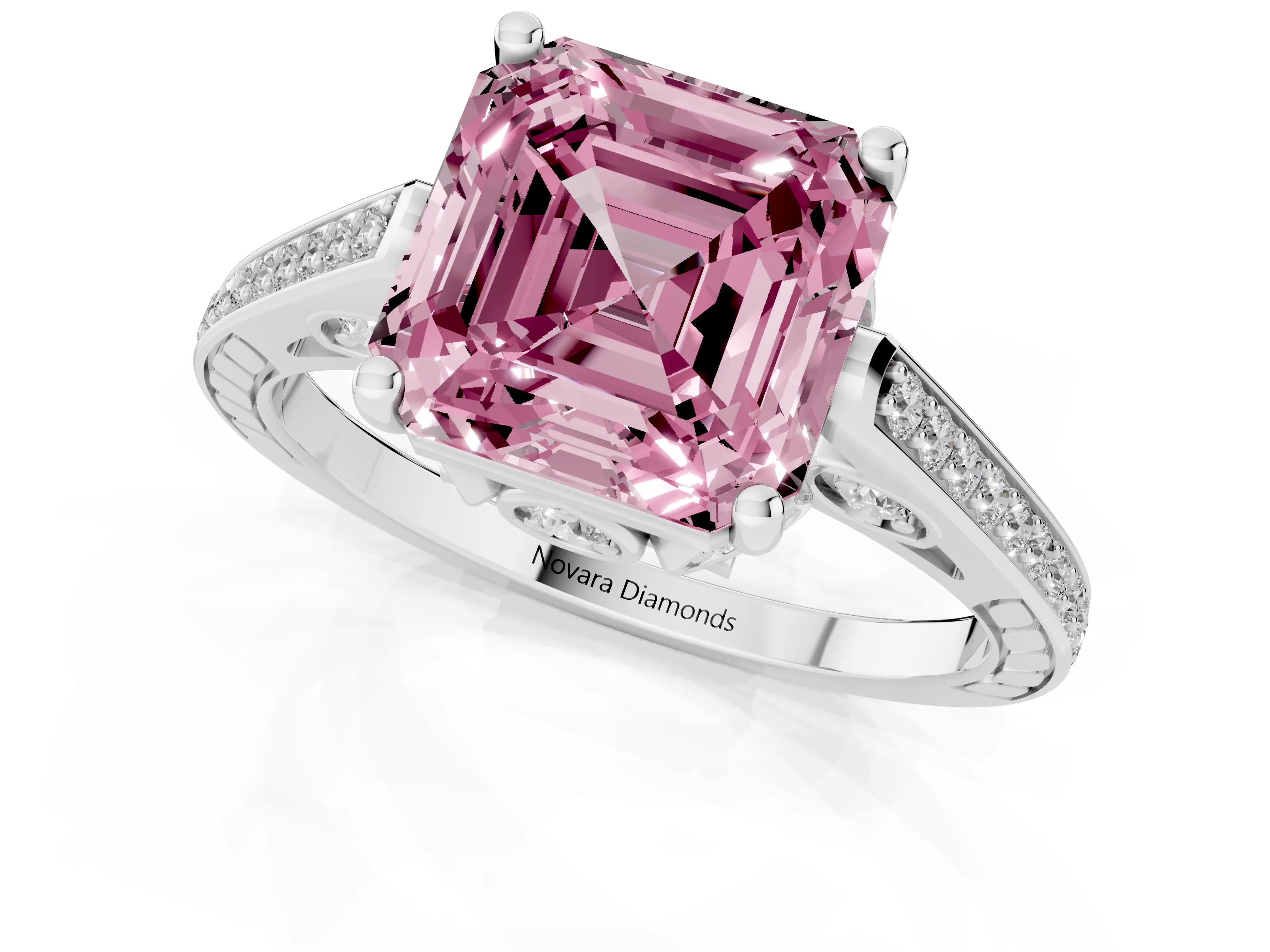 Fancy Pink Asscher Cut Diamond Cathedral Pavé Engagement Ring Set in Silver with Prong Setting