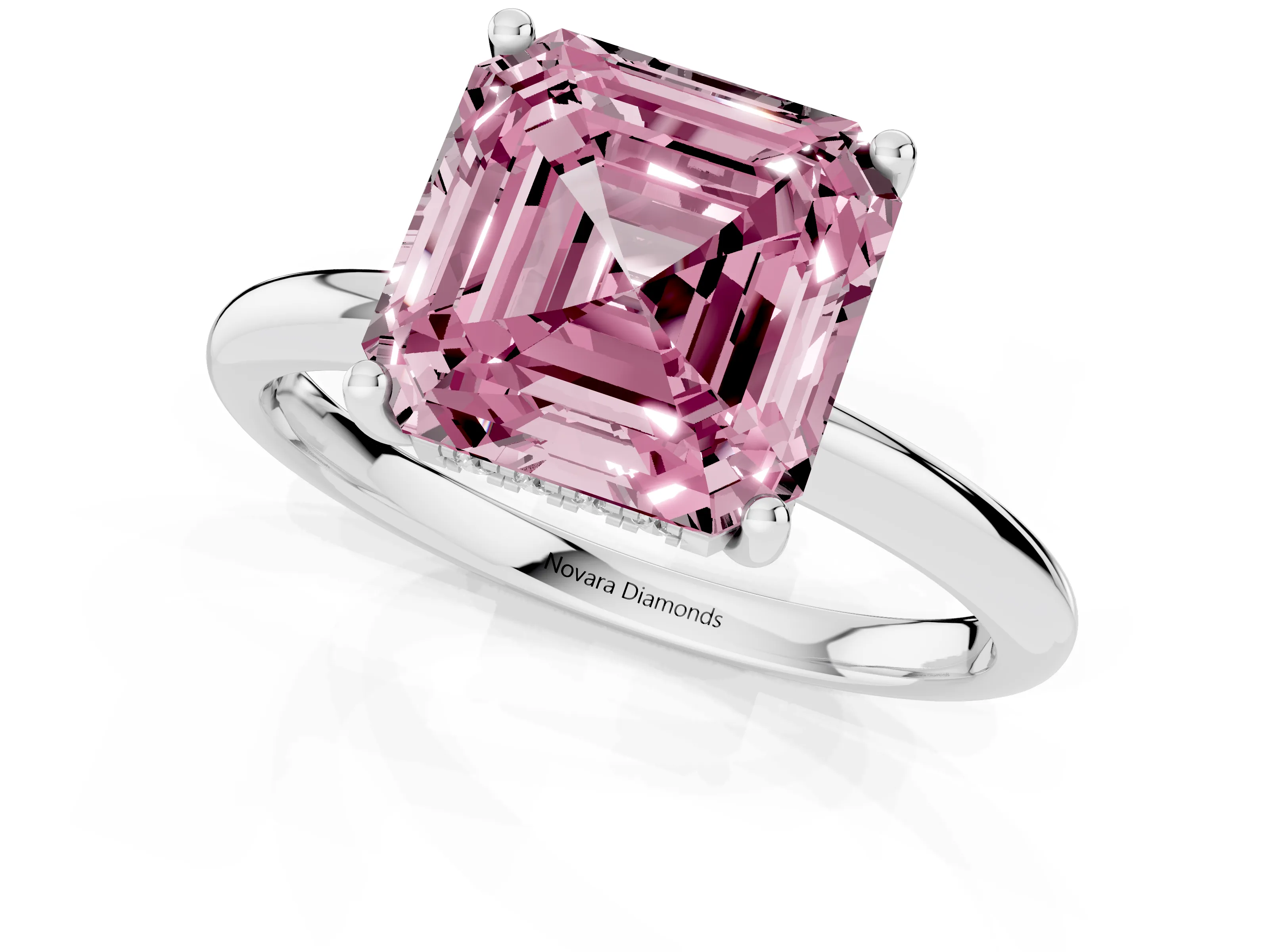 Fancy Pink Asscher Cut Diamond Solitaire Engagement Ring Set in White gold with Prong Setting and Polished Band