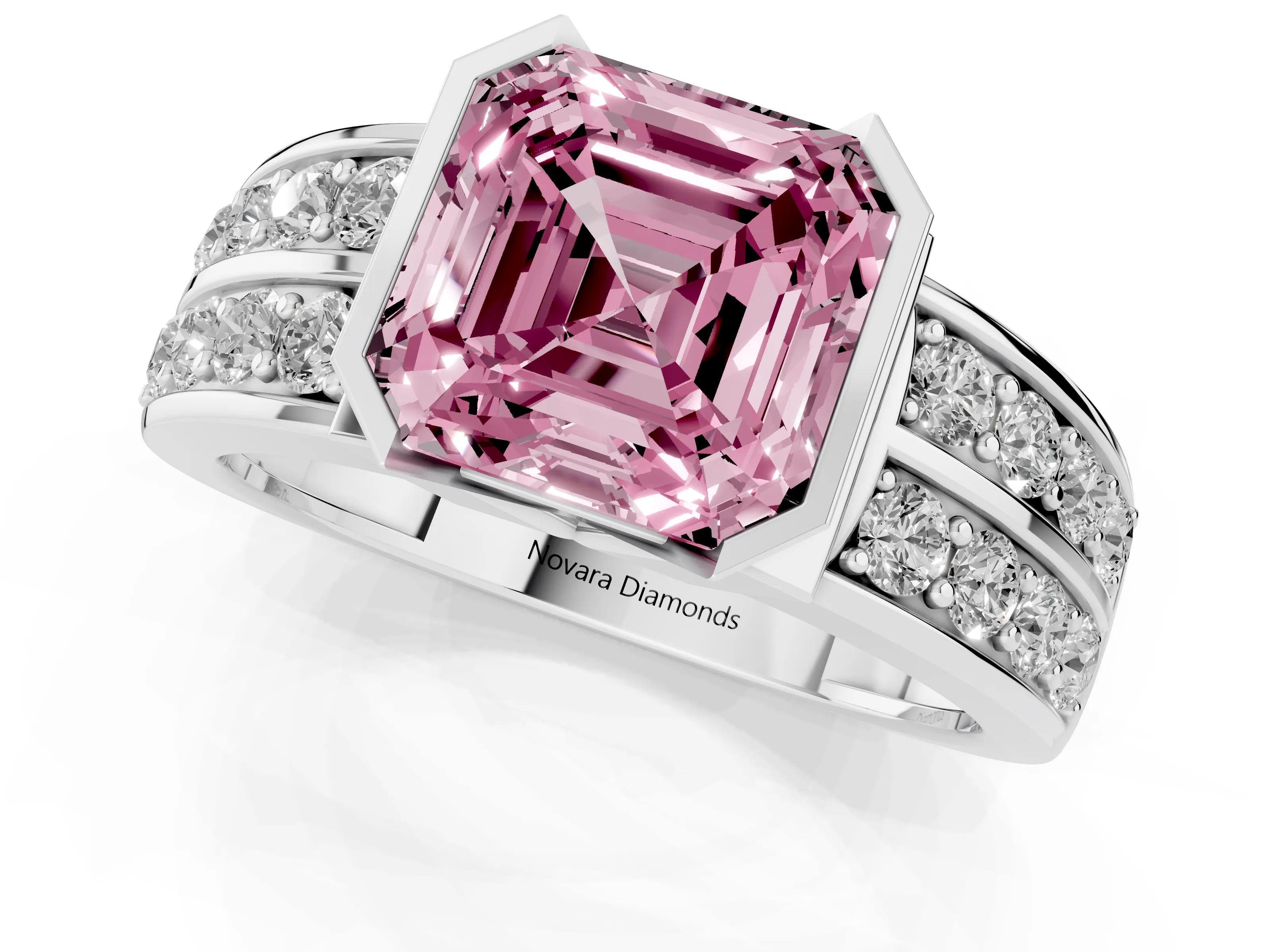 Fancy Pink Asscher Cut Diamond Wide Channel Set Band Ring Set in Platinum with Bezel Setting
