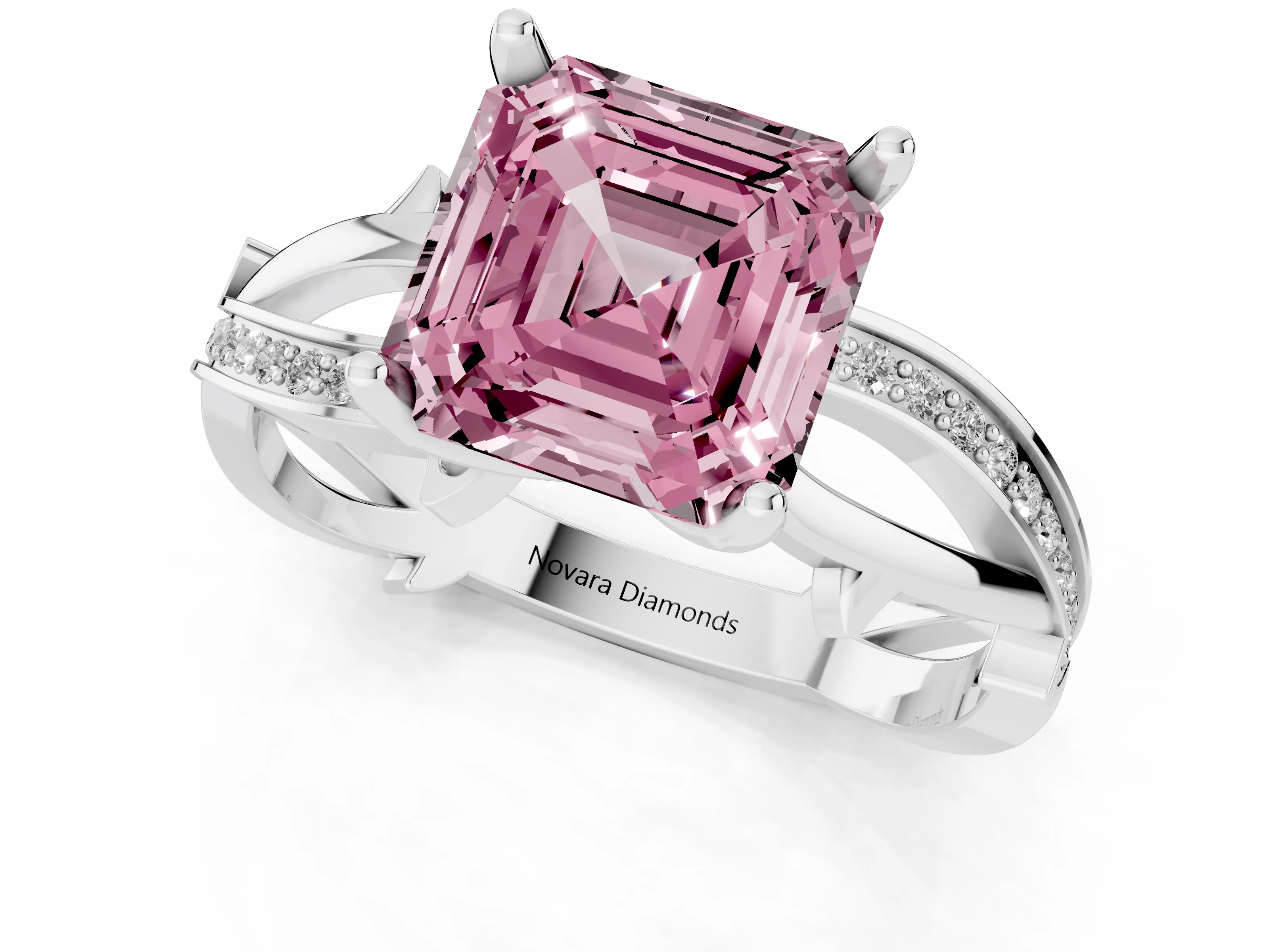 Fancy Pink Asscher Cut Diamond Pavé Twist Band Solitaire Ring Set in Platinum with Prong Setting