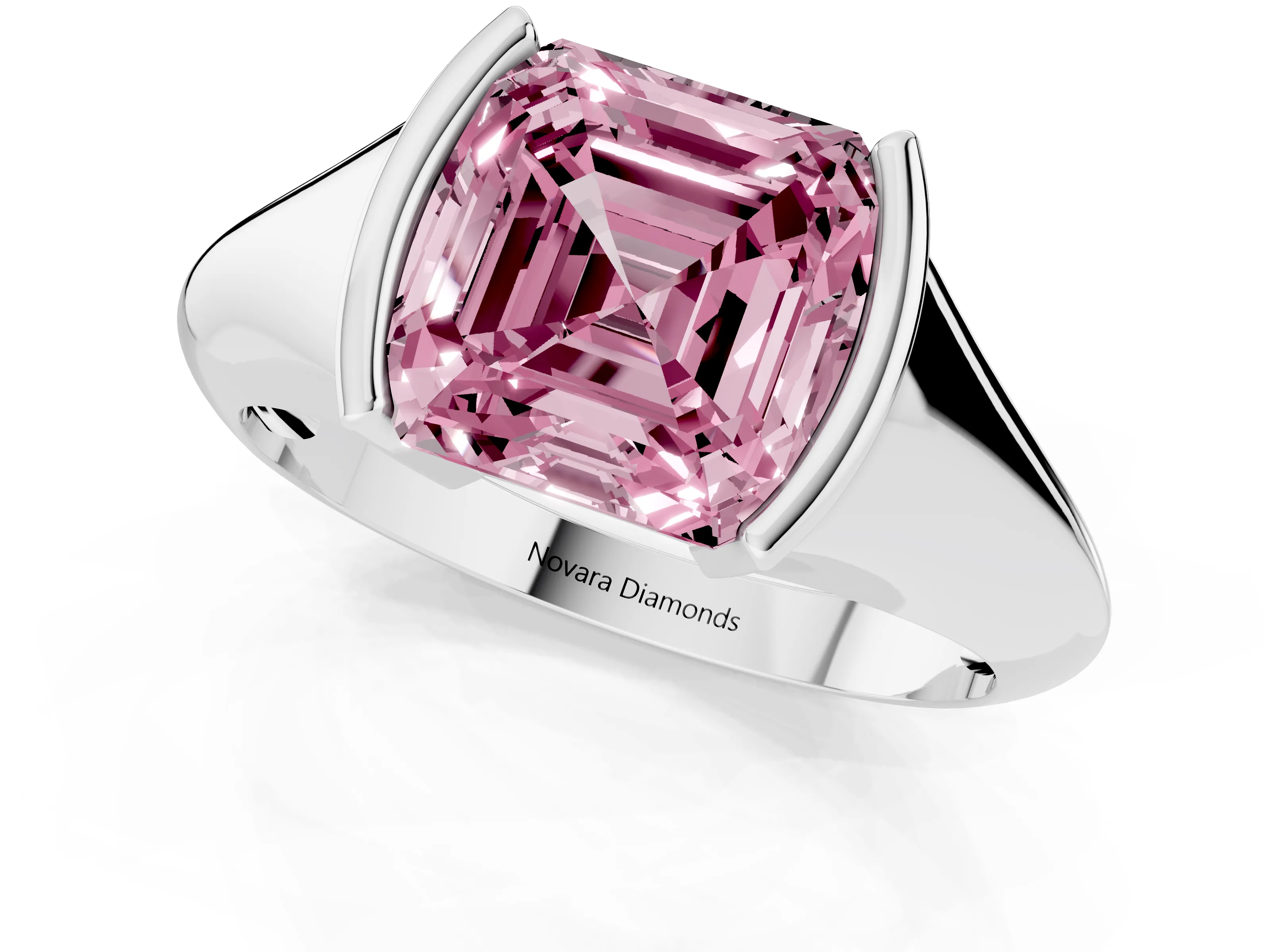 Fancy Pink Asscher Cut Diamond Solitaire Tension Set Ring Set in White gold