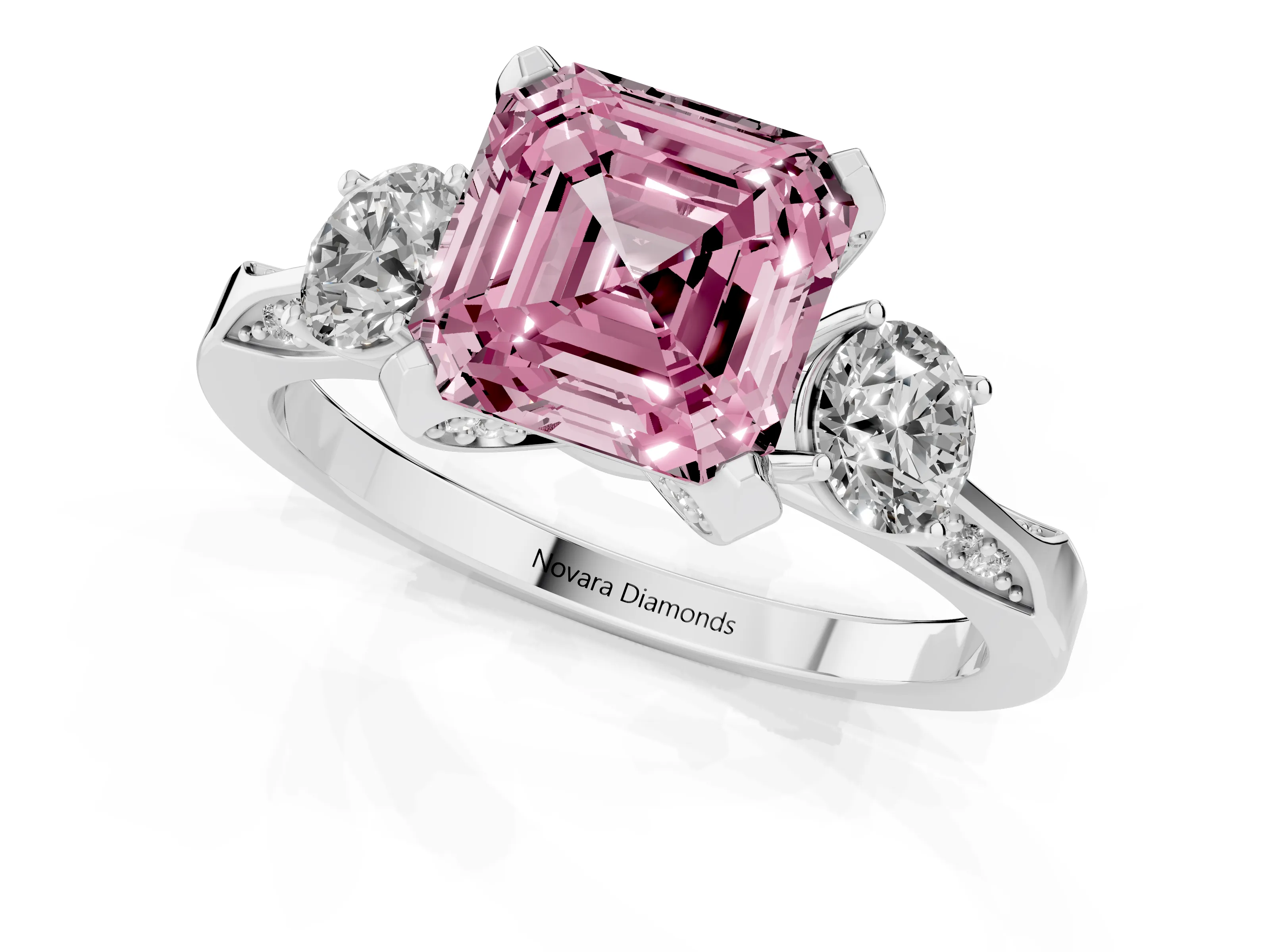 Fancy Pink Asscher Cut Diamond Three-Stone Ring Set in White gold with Pavé Band and Smaller Side Stones