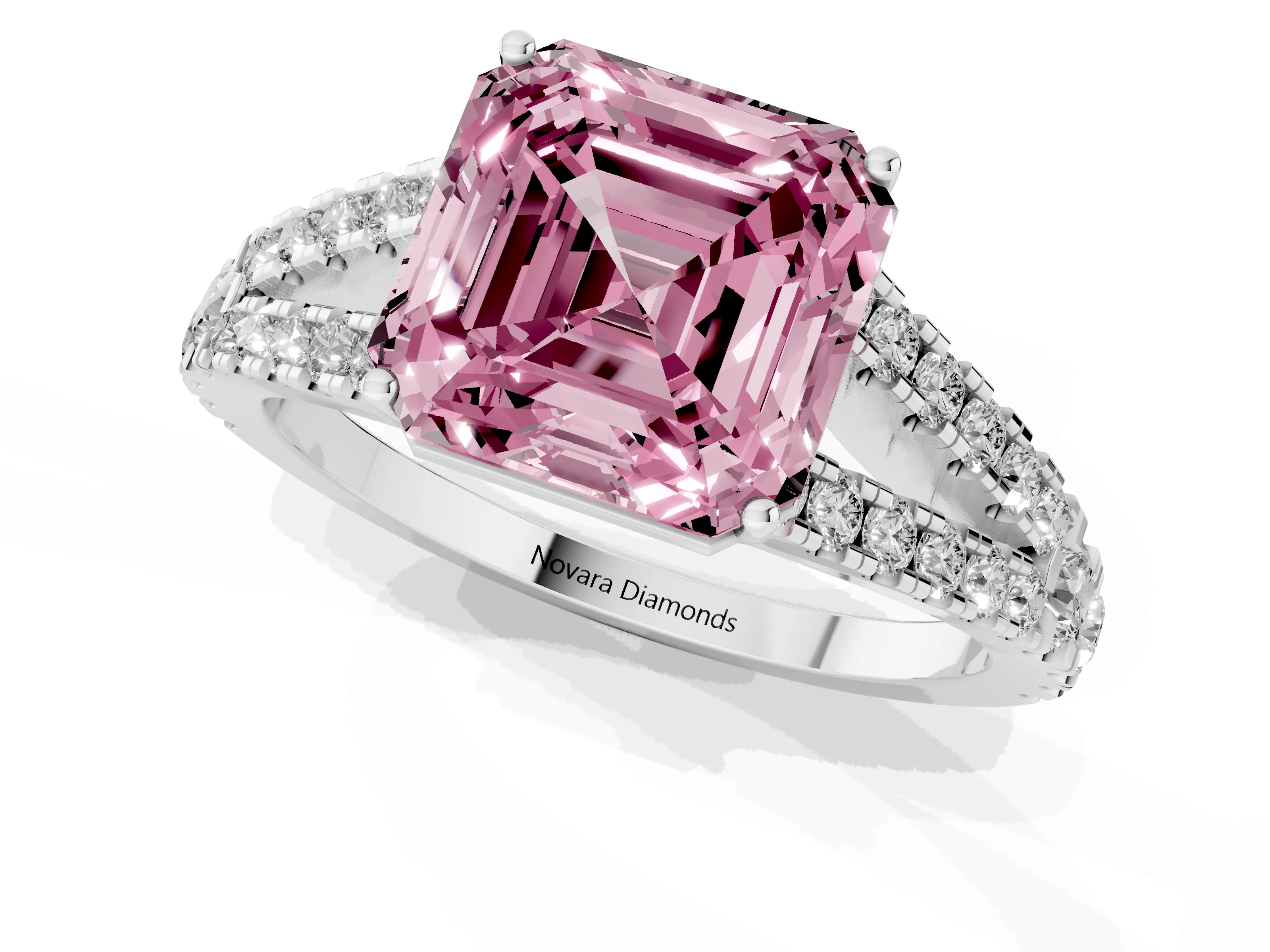 Fancy Pink Asscher Cut Diamond Split Shank Engagement Ring Set in Silver with Round Pavé and Prong Setting